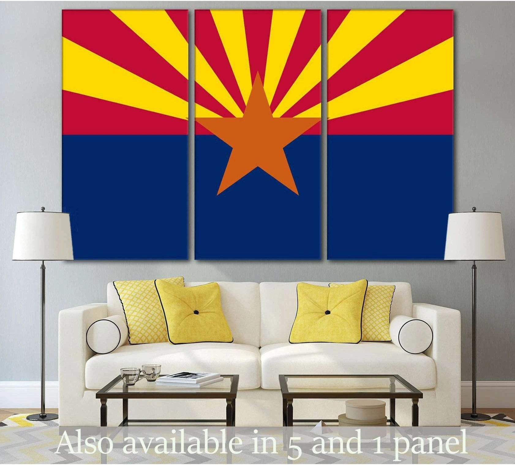 Arizona state flag triptych canvas print above sofa in a modern living room with yellow accents