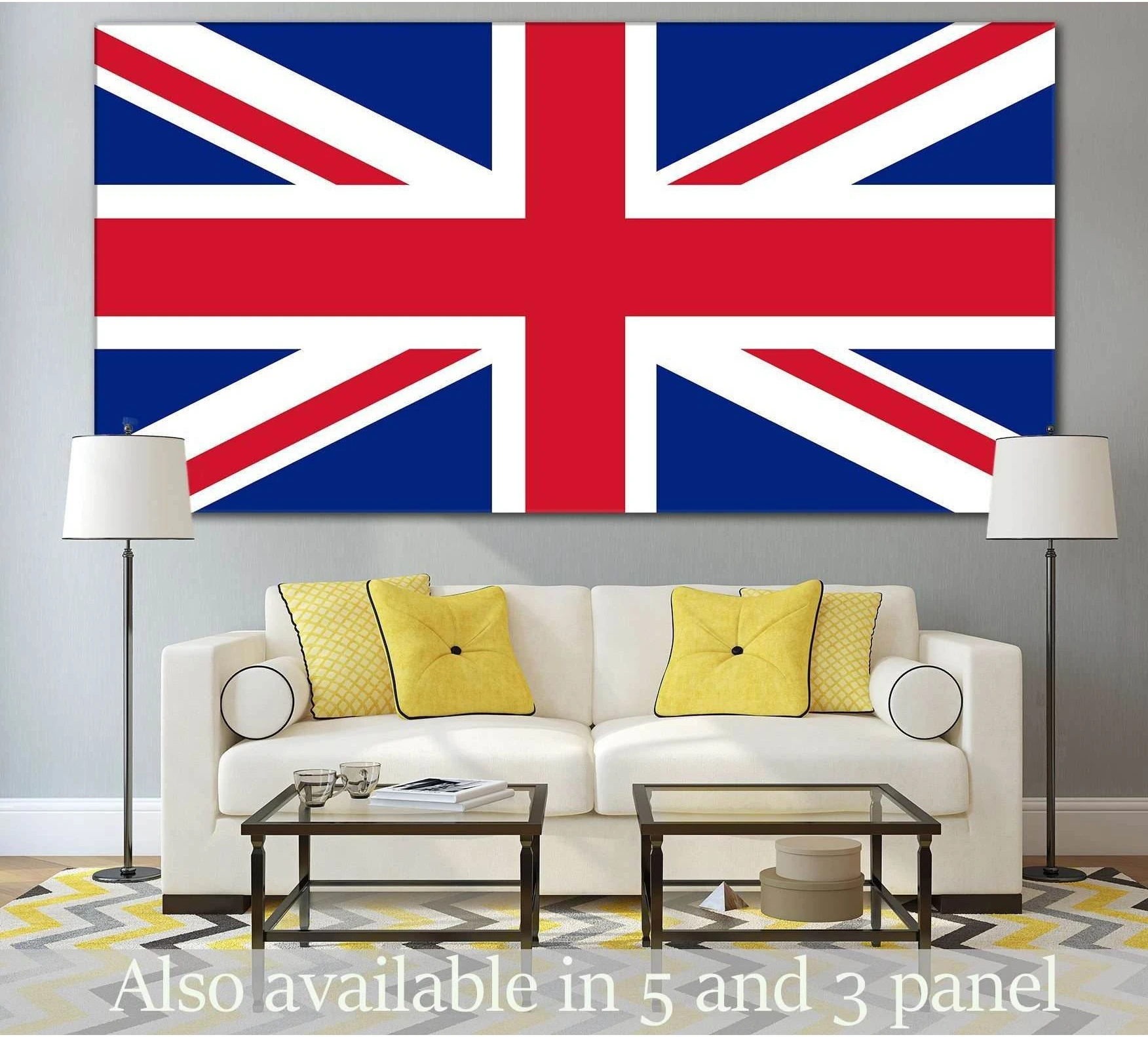 Union Jack canvas print hung above a white sofa in a modern living room with yellow cushions