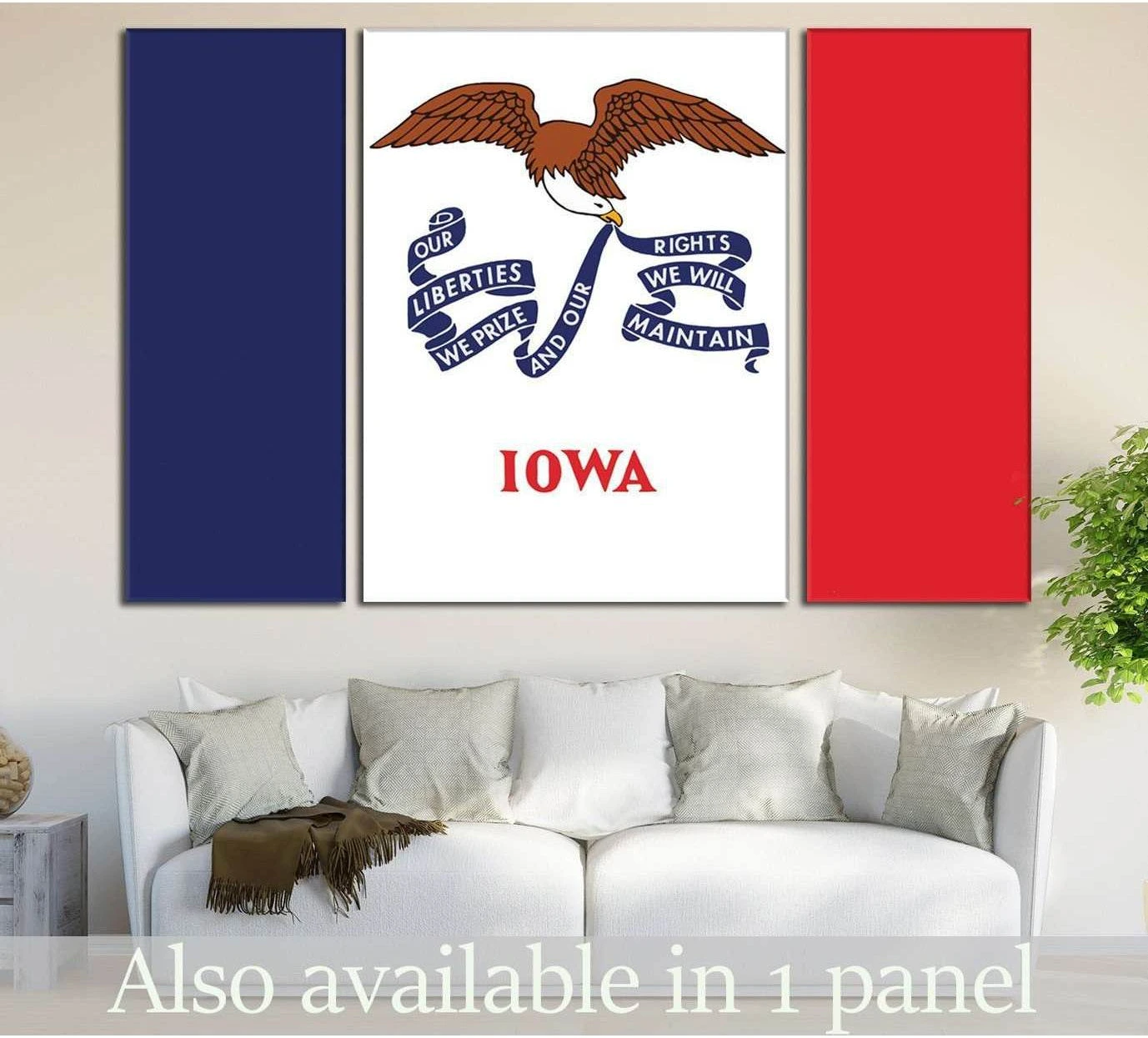 Iowa state flag triptych canvas print with eagle emblem above a sofa in a neutral living room