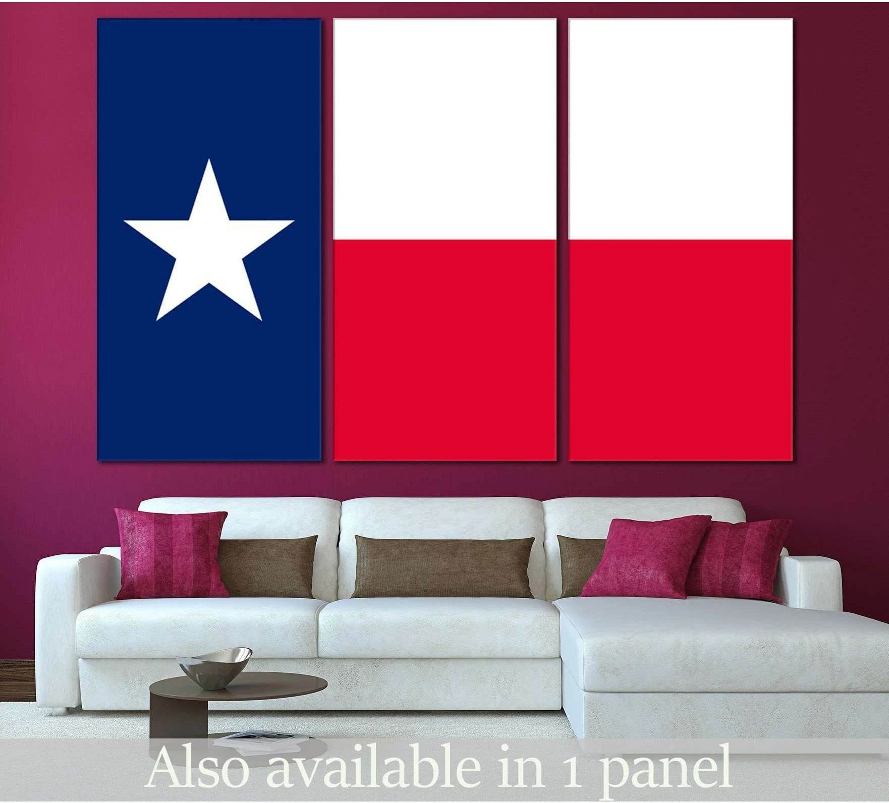 Triptych Texas flag canvas print hung above a white sofa on a deep red accent wall