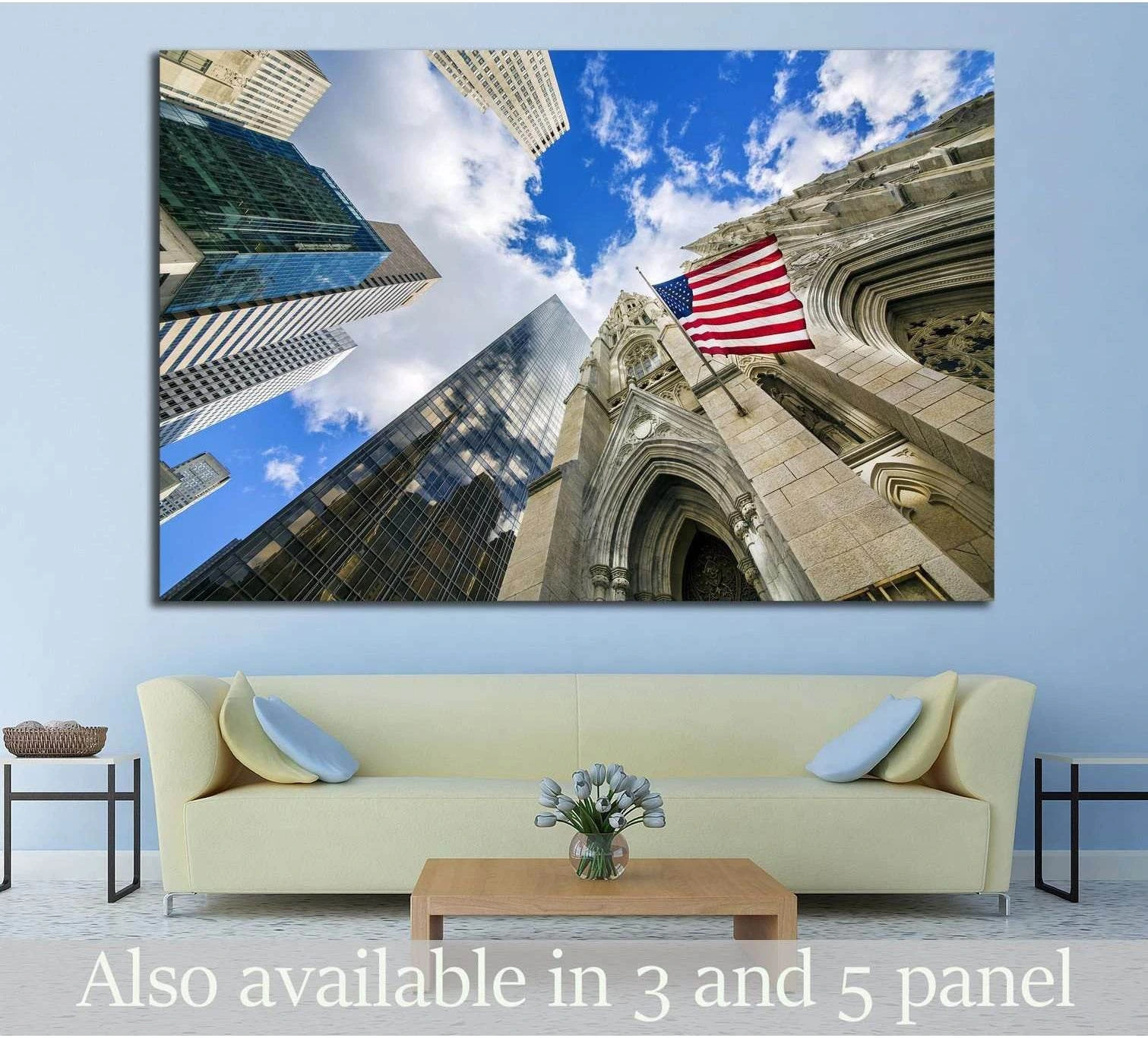 St Patrick's Cathedral and American flag canvas print with Midtown Manhattan skyscrapers