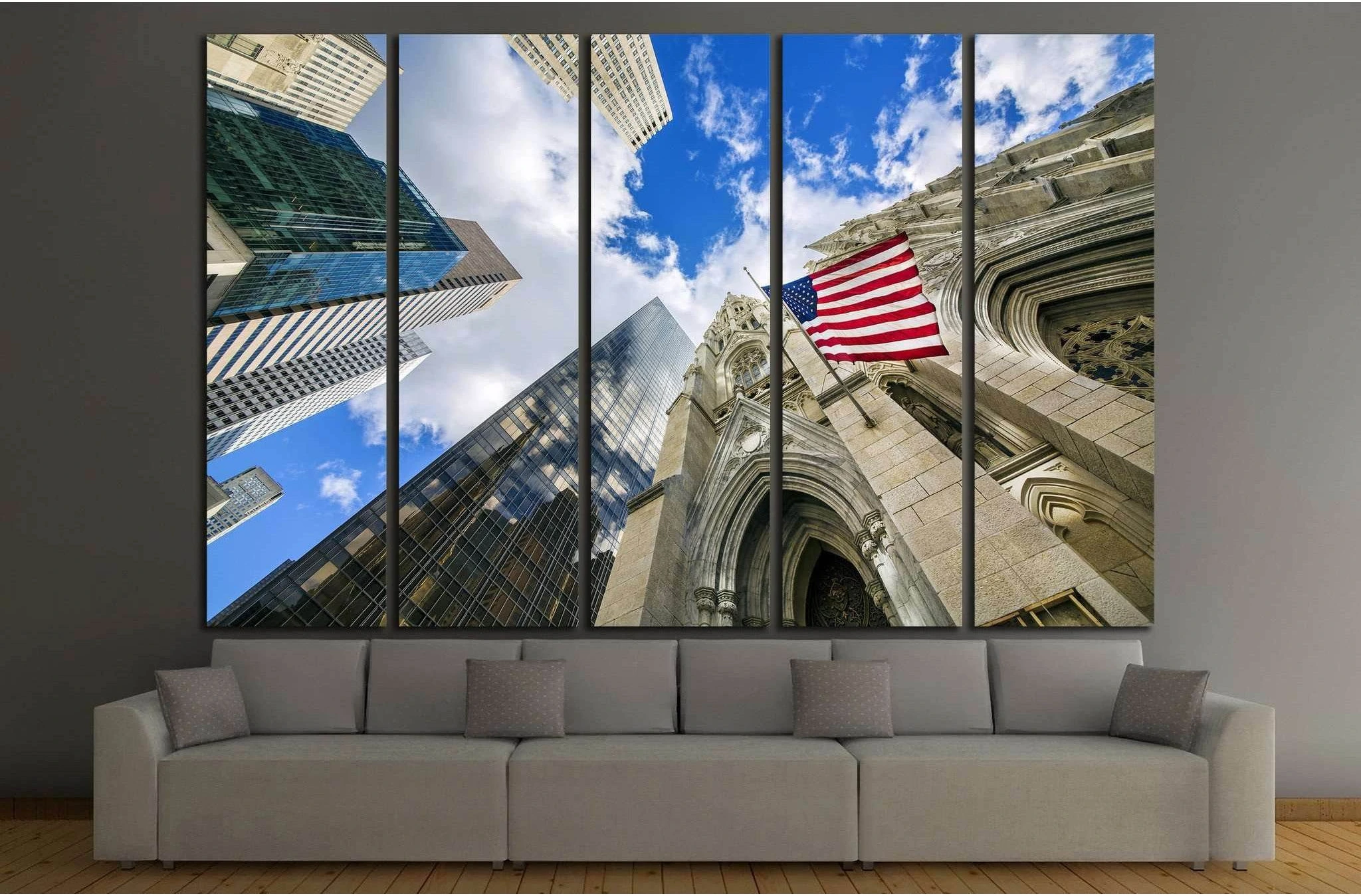 Flag USA on St Patrick's Cathedral, Midtown Skyscrapers, Manhattan, New York №1296 Ready to Hang Canvas Print - Zellart Canvas Prints 0_NY_ART, ALL_Products, s-1296