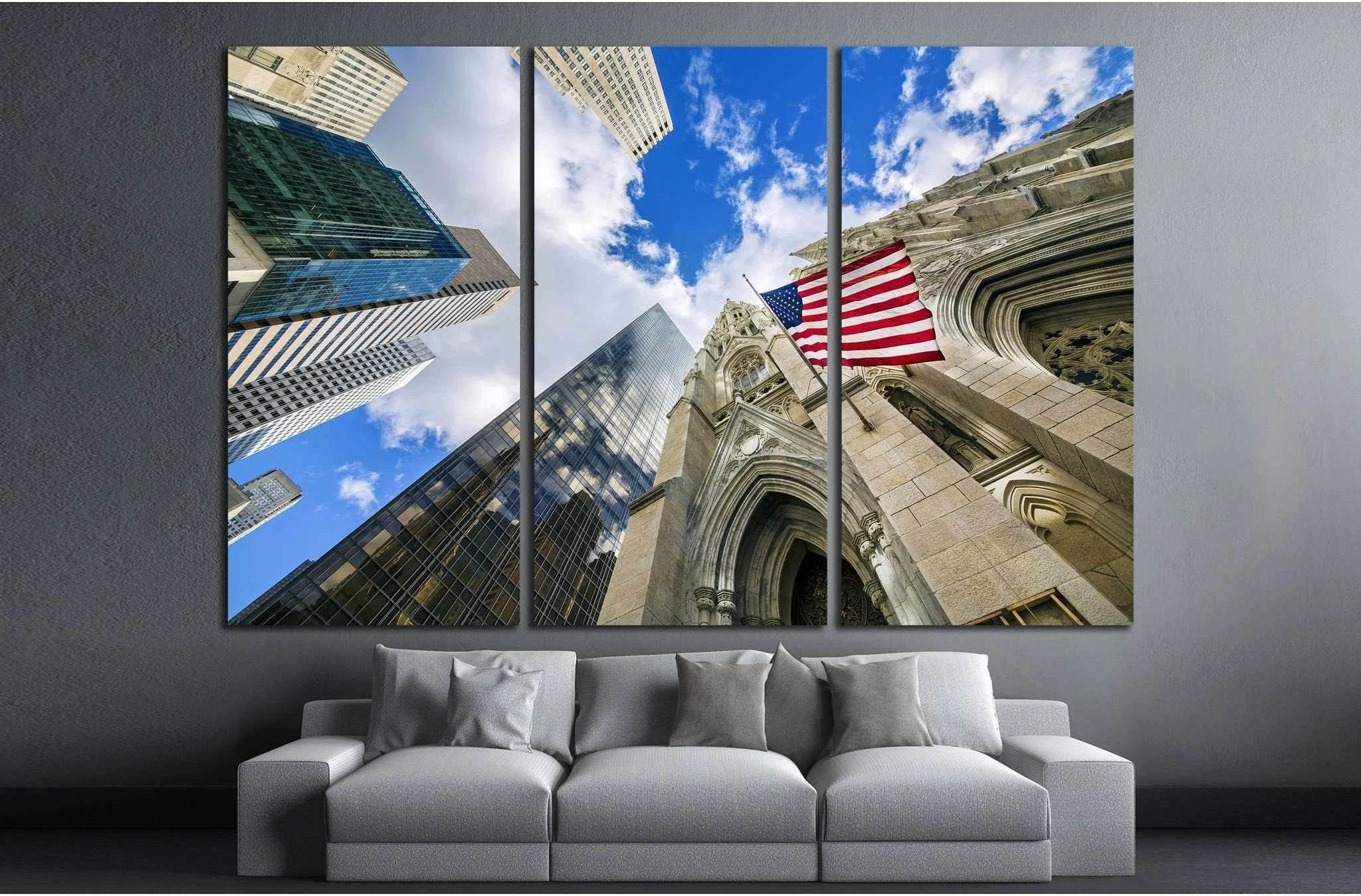 Flag USA on St Patrick's Cathedral, Midtown Skyscrapers, Manhattan, New York №1296 Ready to Hang Canvas Print - Zellart Canvas Prints 0_NY_ART, ALL_Products, s-1296