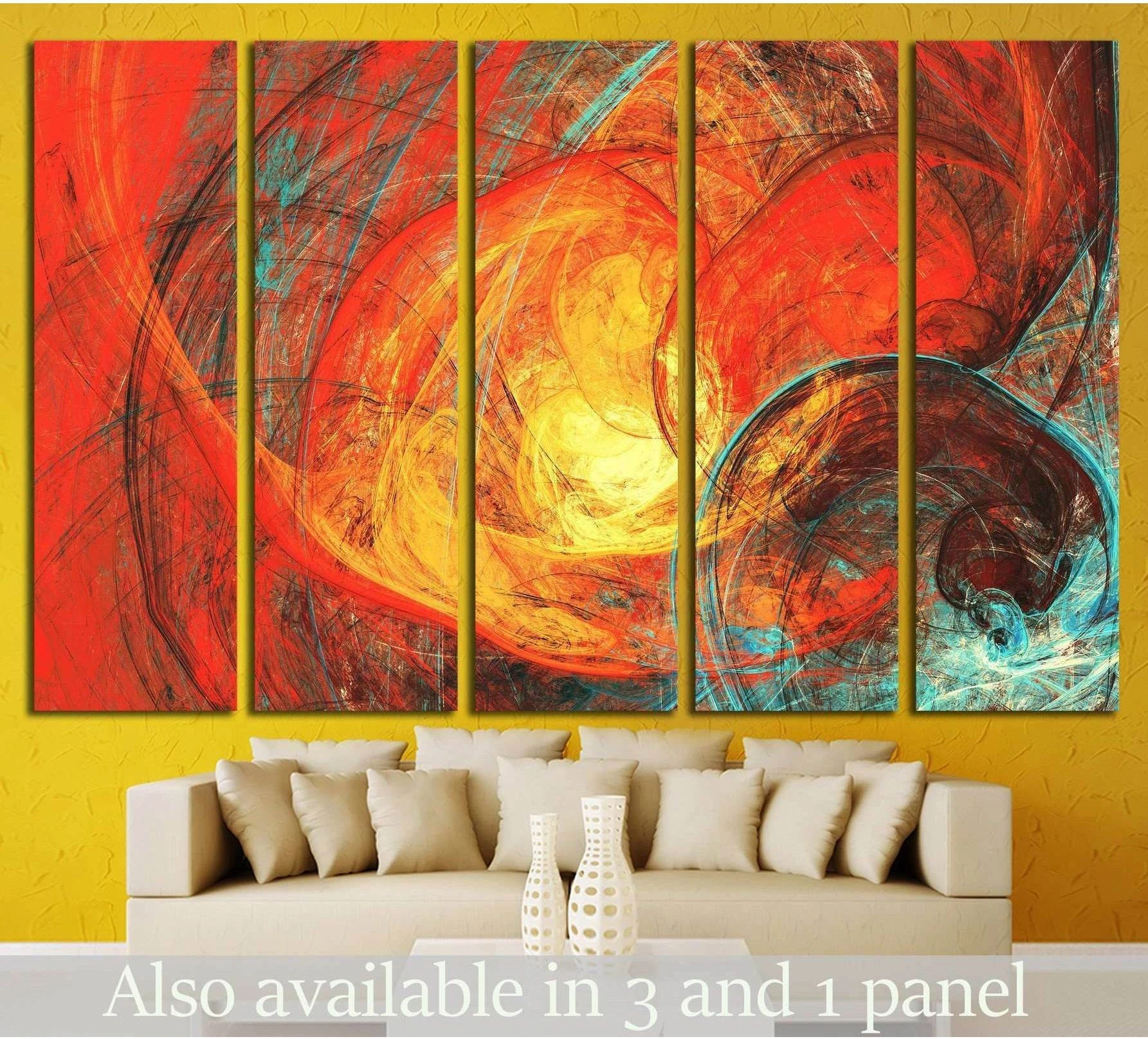 Abstract sun canvas print with swirling red orange yellow and teal brushwork in a five-panel living room display