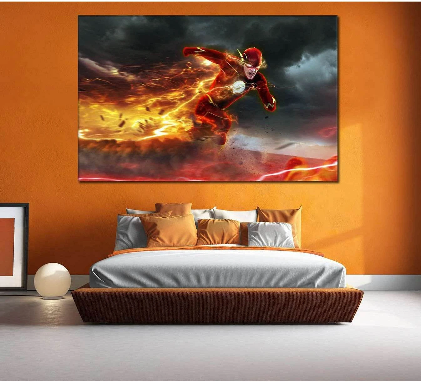 Flash canvas print of Barry Allen running through fire and red lightning above a bed in a modern bedroom