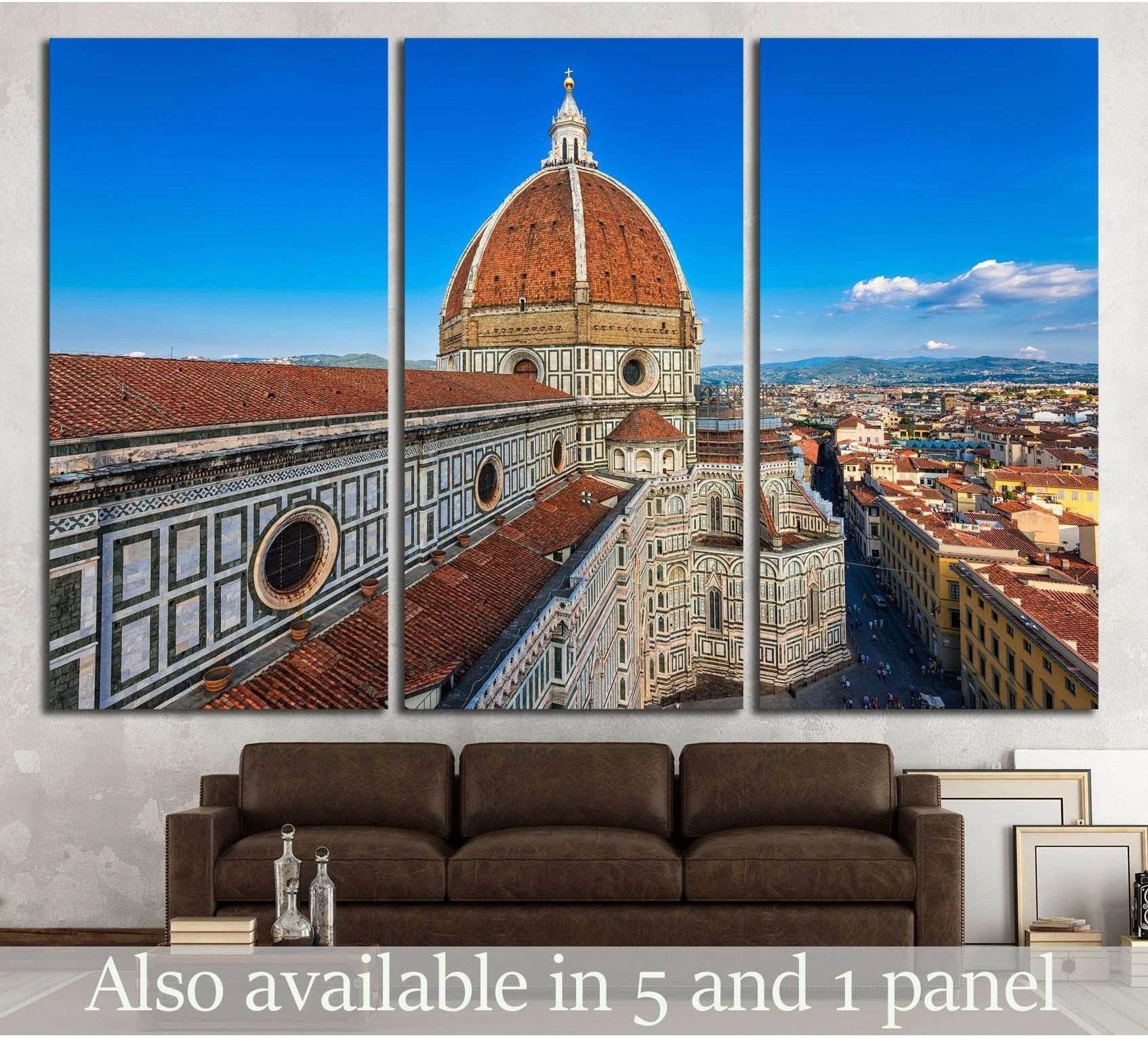 Florence Duomo triptych canvas print above sofa with Santa Maria del Fiore and Florence skyline