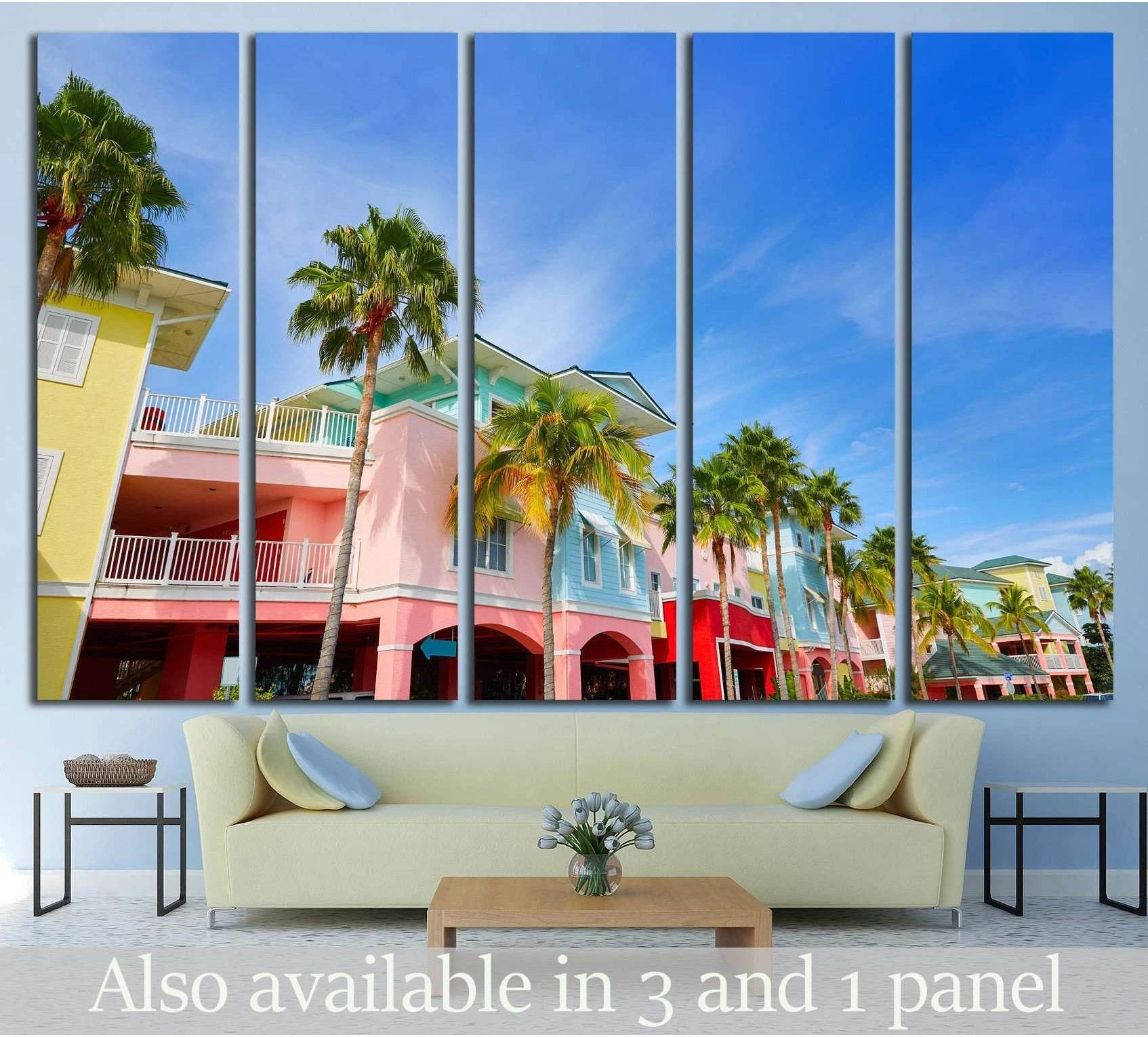 Fort Myers palm trees canvas print with pastel Florida buildings above sofa in coastal living room