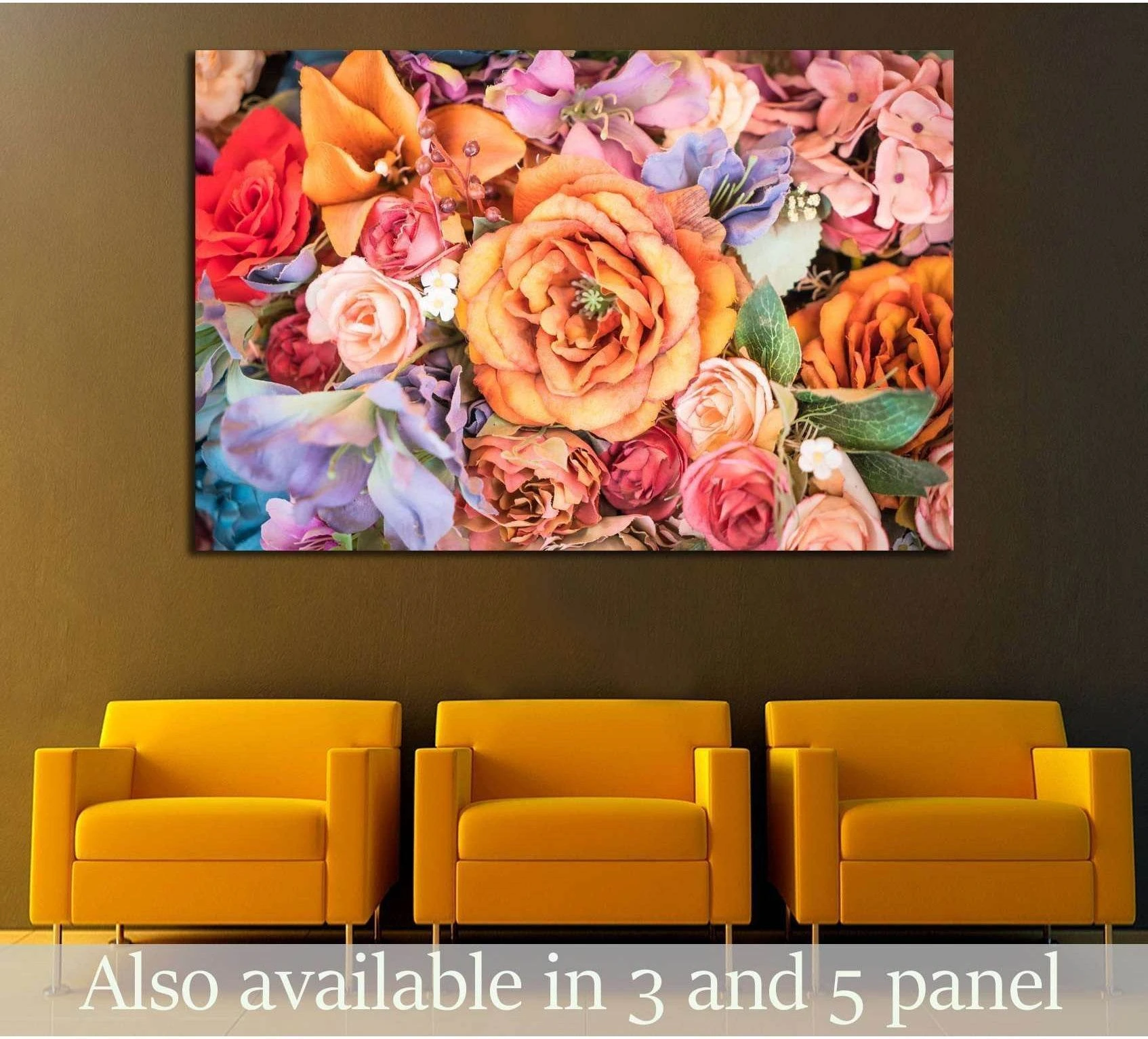 Vintage floral canvas print with orange rose bouquet and pink purple flowers hung above mustard chairs