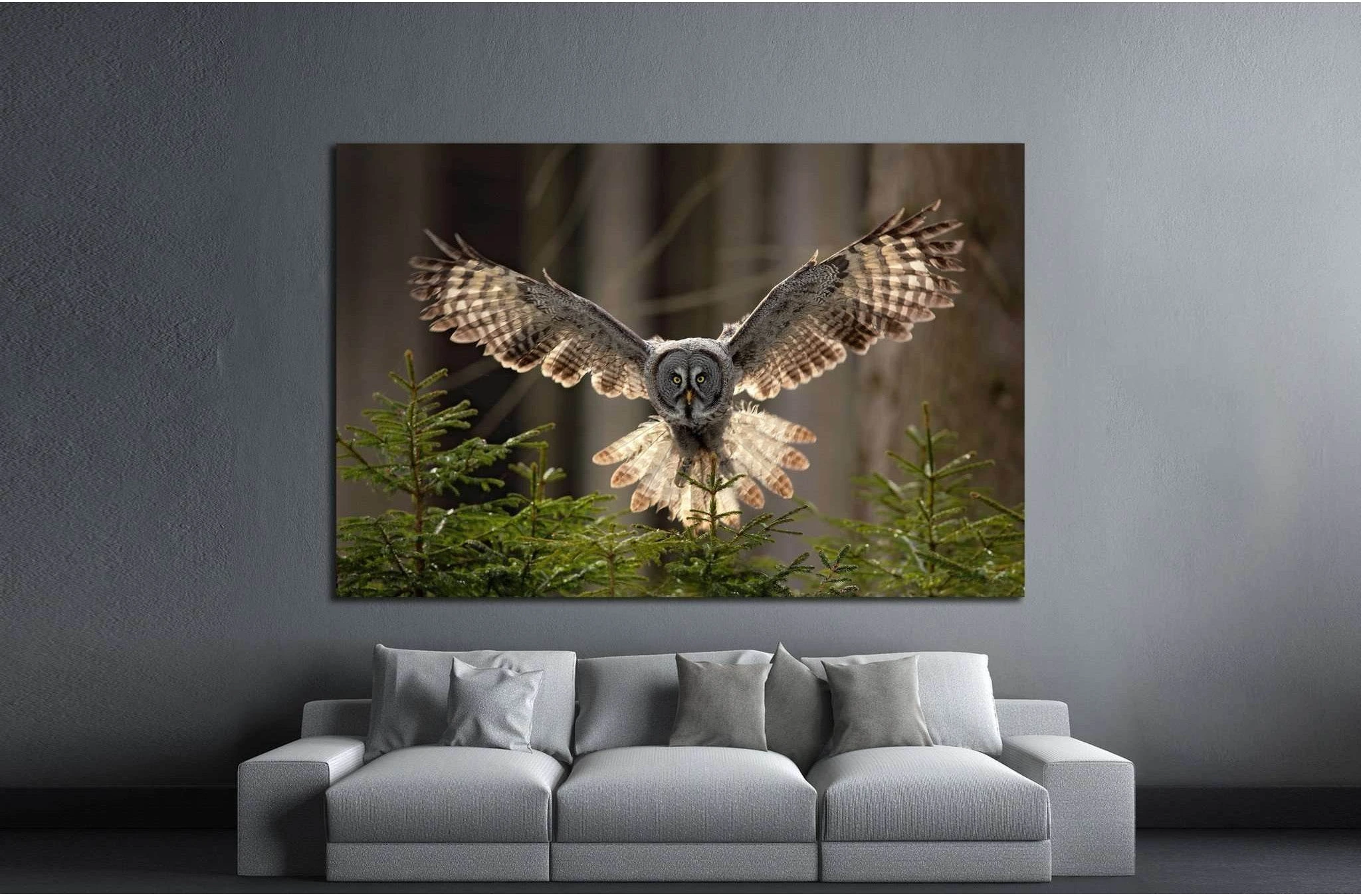 Flying Great Grey Owl, Strix nebulosa №1331 Ready to Hang Canvas Print - Zellart Canvas Prints ALL_Products, Owl, s-1331