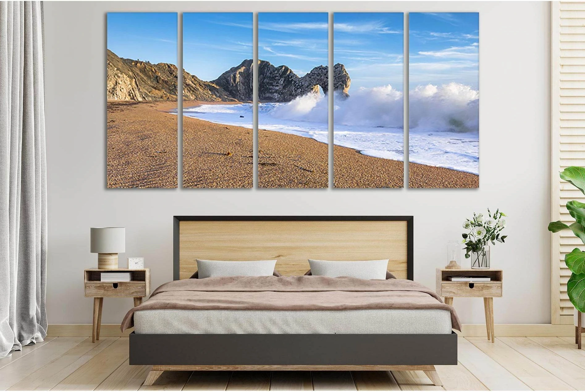 Foam Waves Beach Canvas Print with Rocky Cliffs and Blue Sky showing ocean water, wave movement and surf.