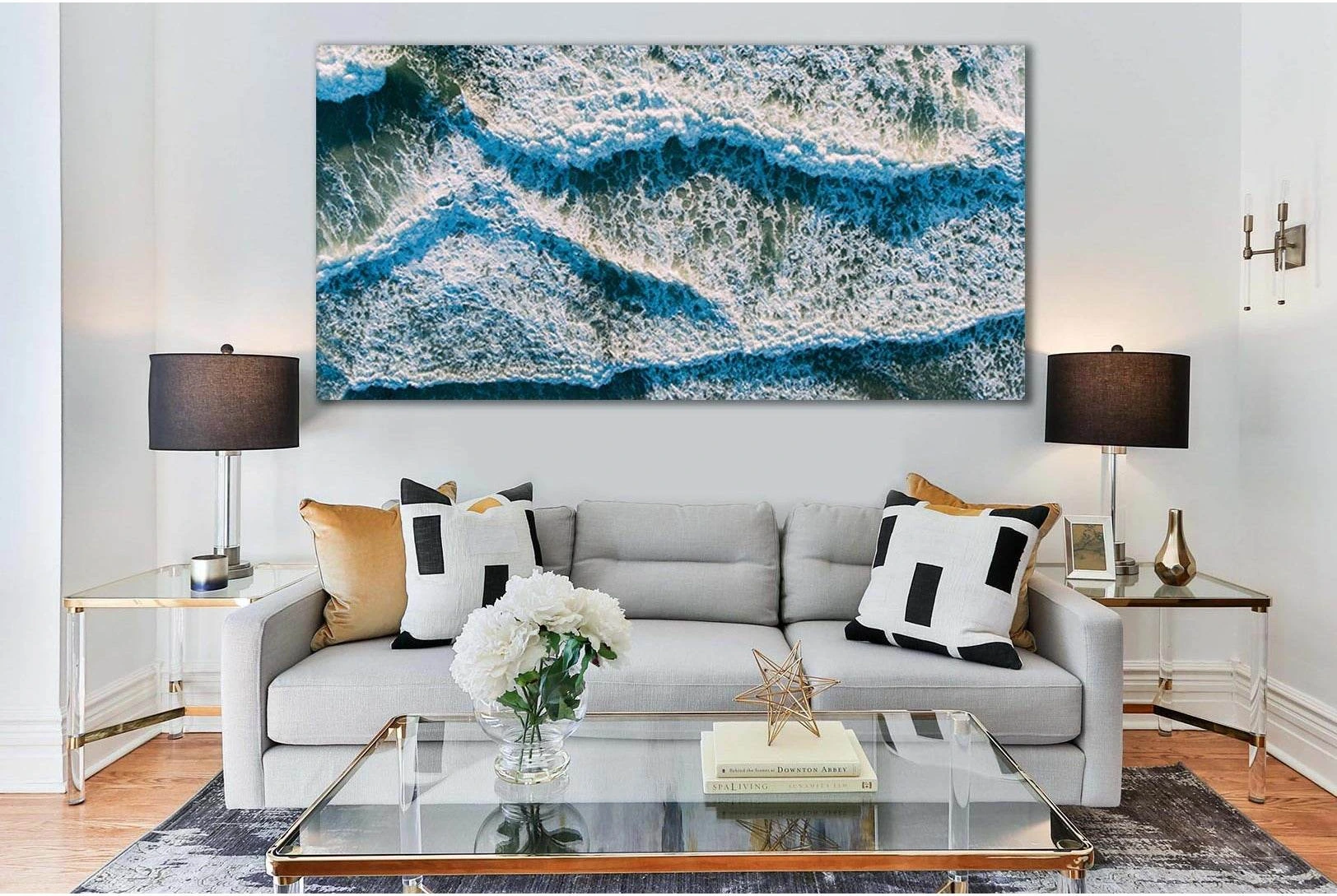 Ocean Wave Foam Canvas Print in Deep Blue & Teal showing ocean water, wave movement and surf.