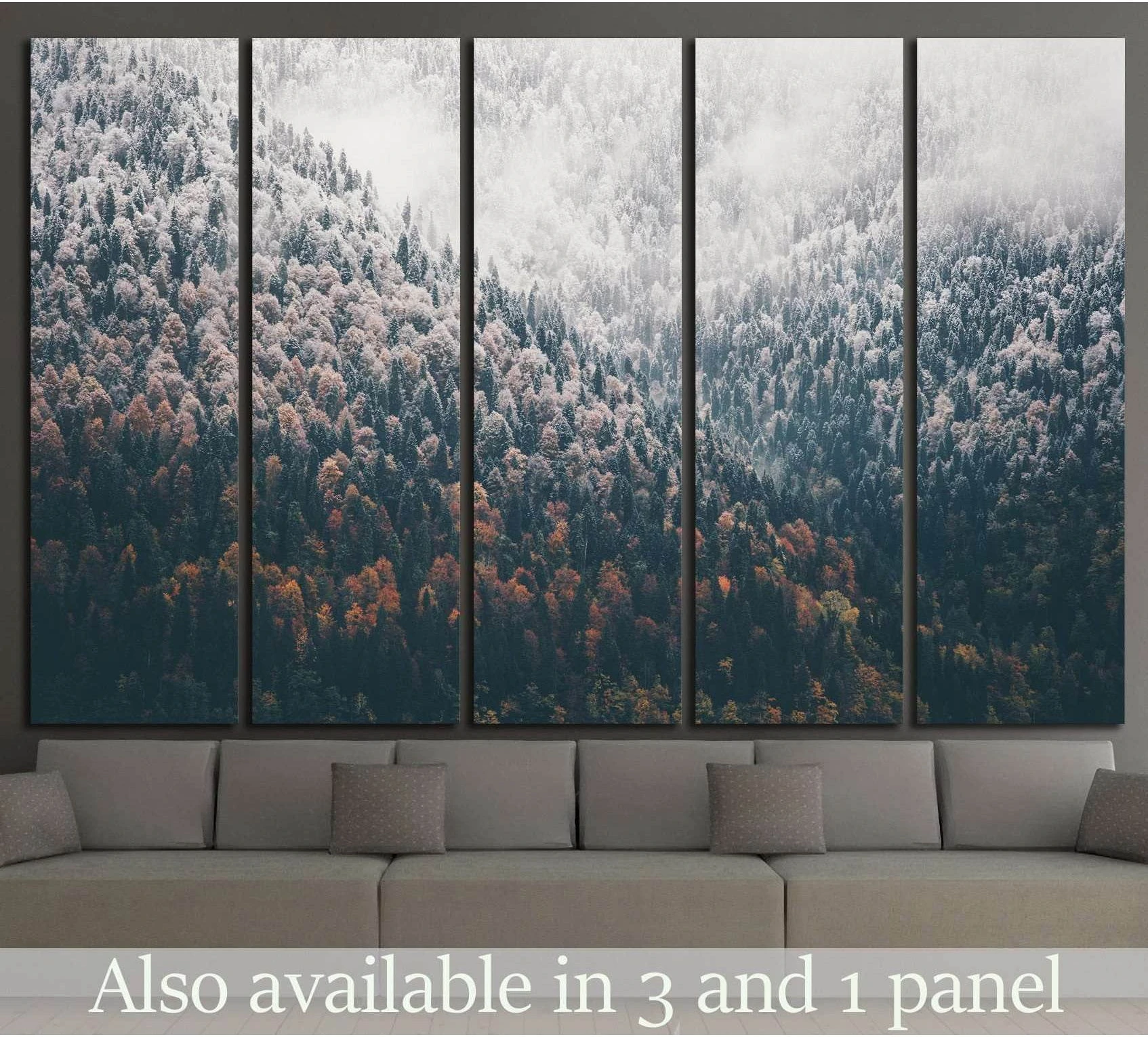 Foggy autumn conifer forest canvas print hung above a sofa in a modern living room mockup