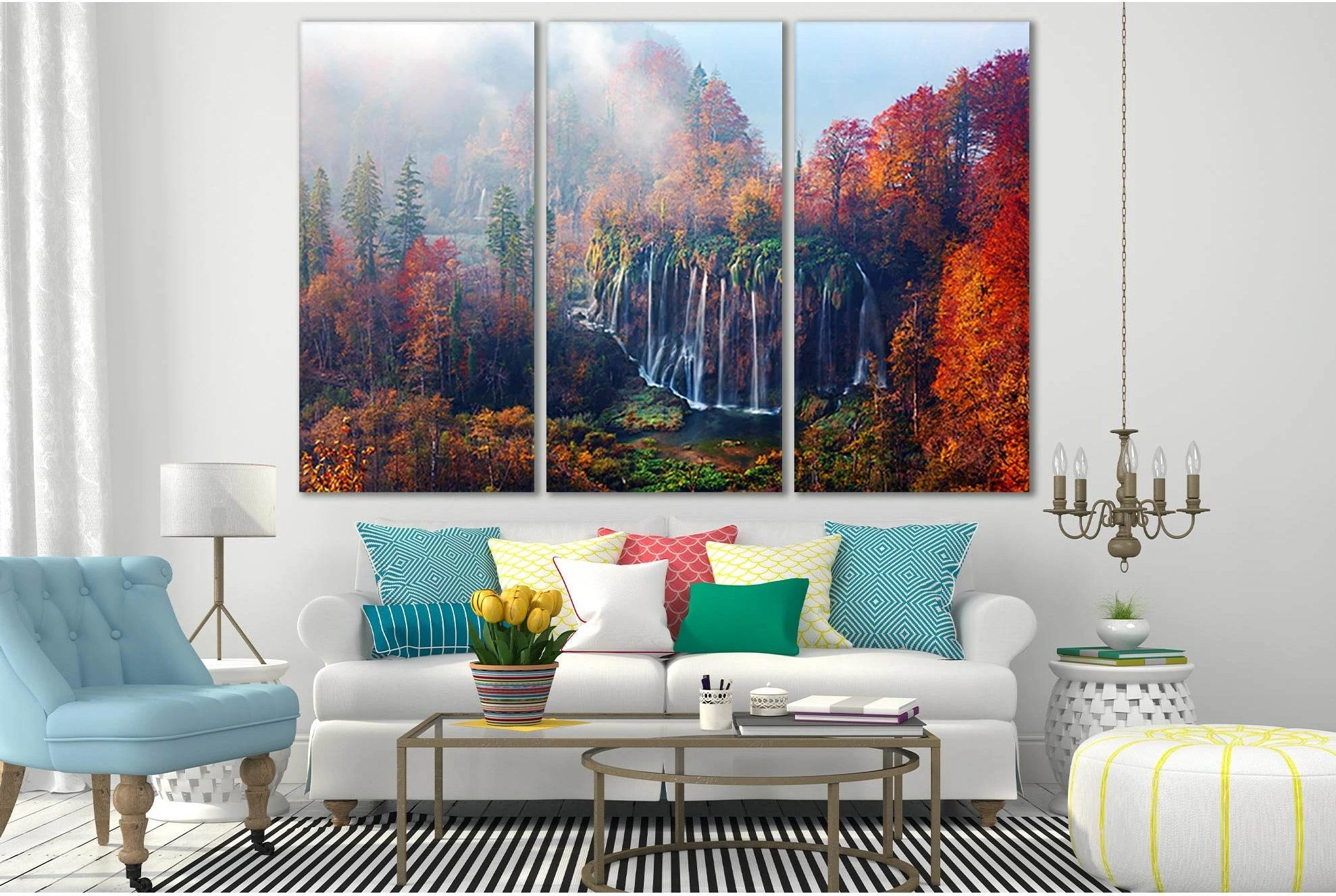 Foggy Waterfall In Plitvice Lakes №SL660 Ready to Hang Canvas Print - Zellart Canvas Prints 0new, ALL_Products, Autumn Wall Art, Waterfall