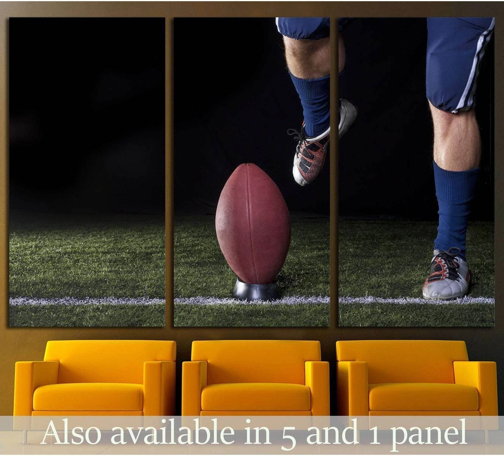 Football kickoff triptych canvas print with ball on tee and kicker's foot above turf