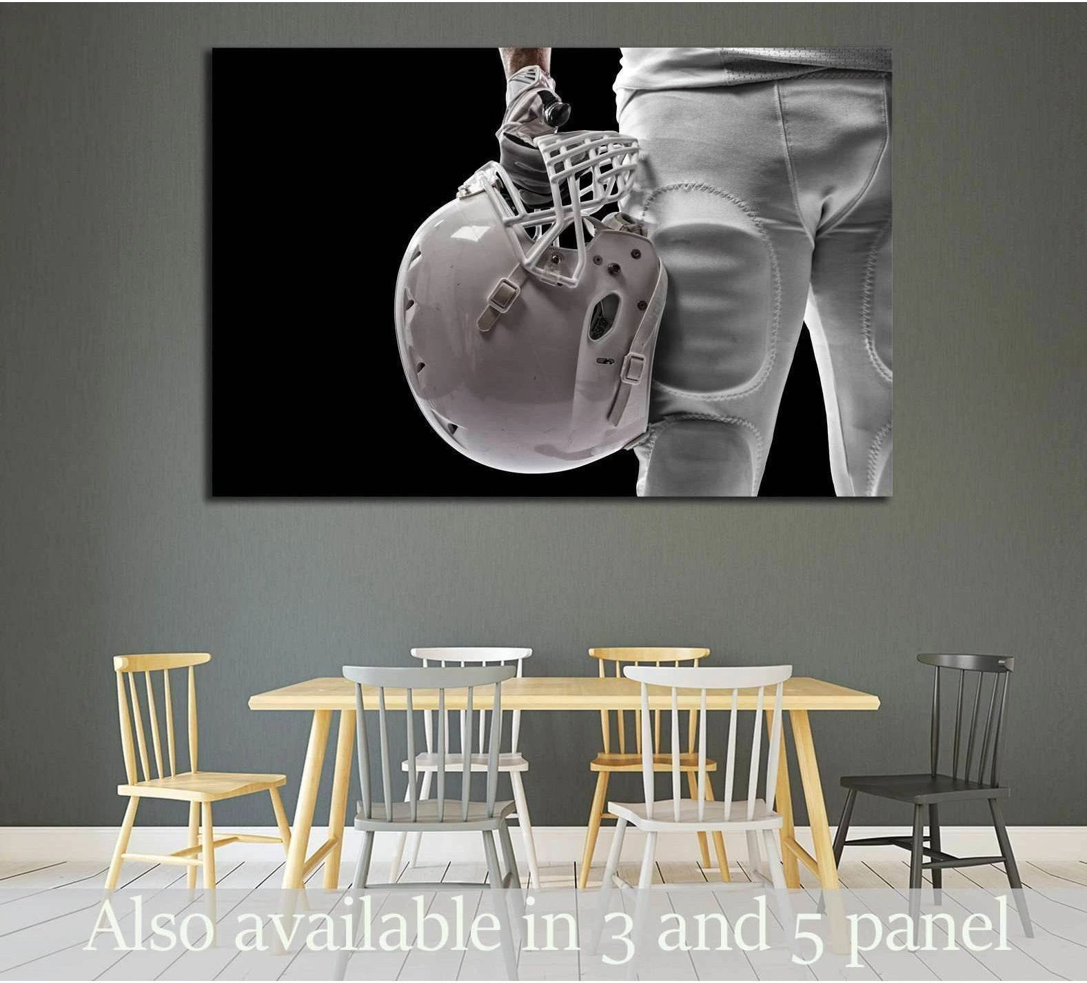 Black and white football player canvas print with helmet close-up on a black background