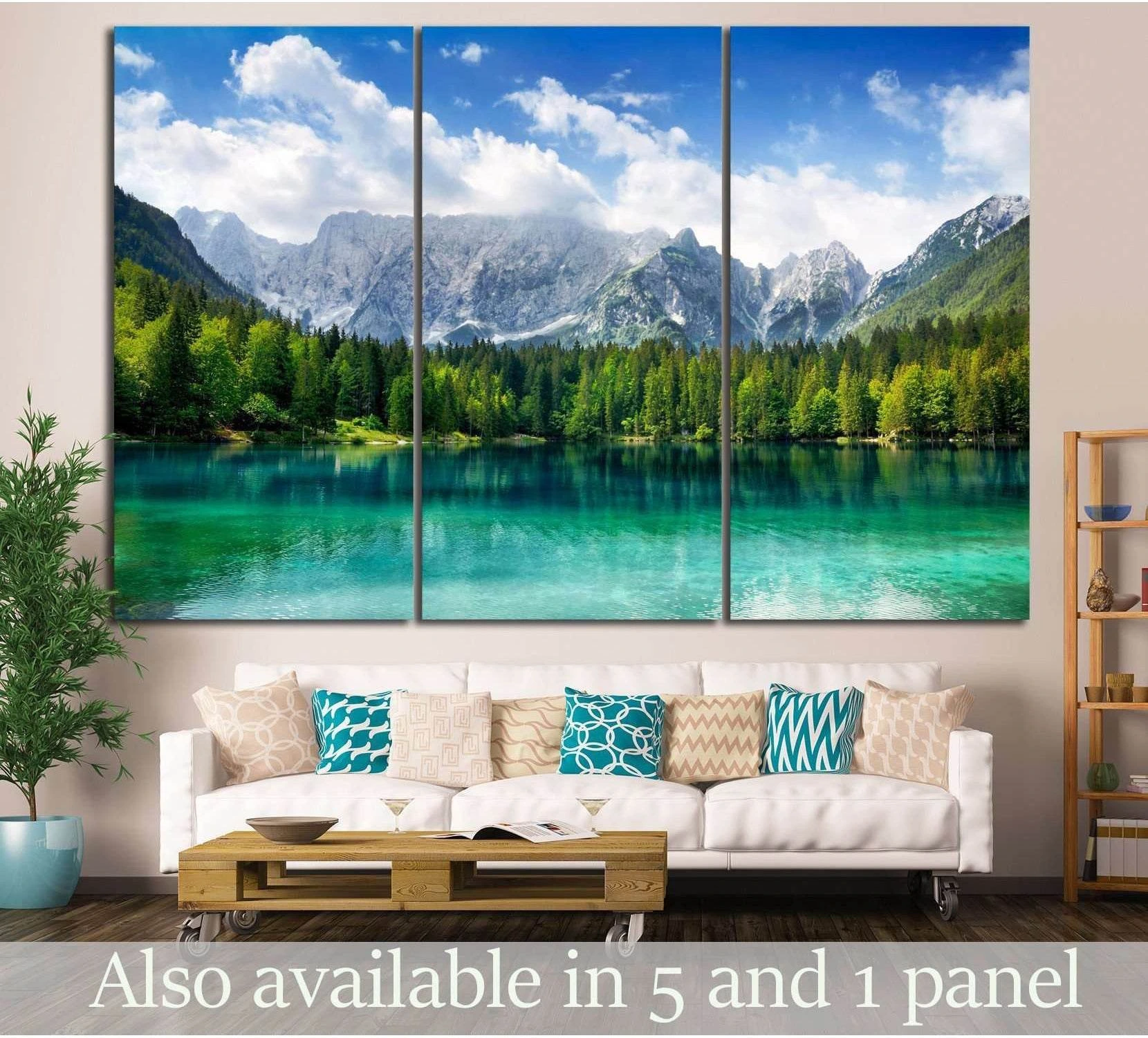 Triptych mountain lake canvas print with turquoise water, pine forest, and alpine peaks above a sofa