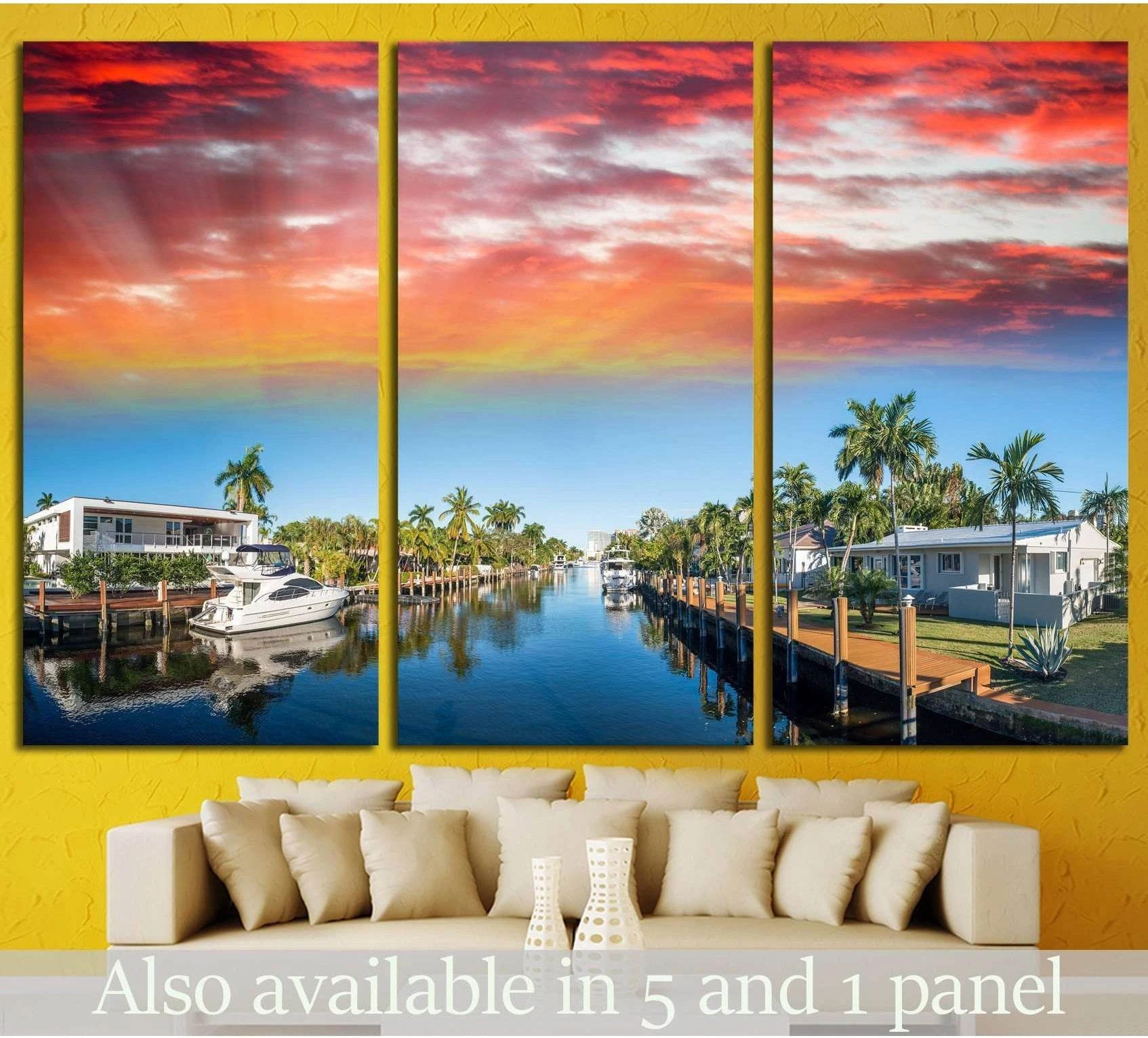 Fort Lauderdale canal sunset canvas print with palm trees and yachts above a sofa