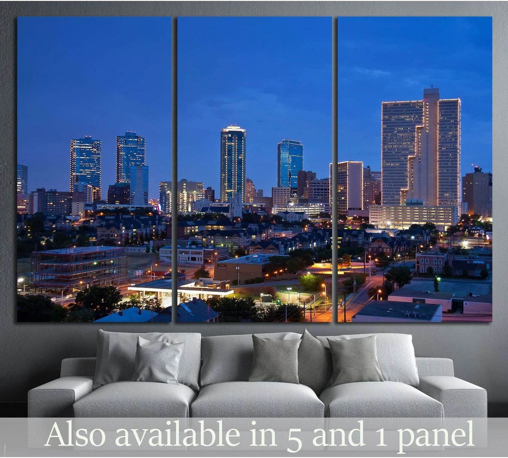 Fort Worth Texas skyline triptych canvas print above a sofa in a modern living room at night