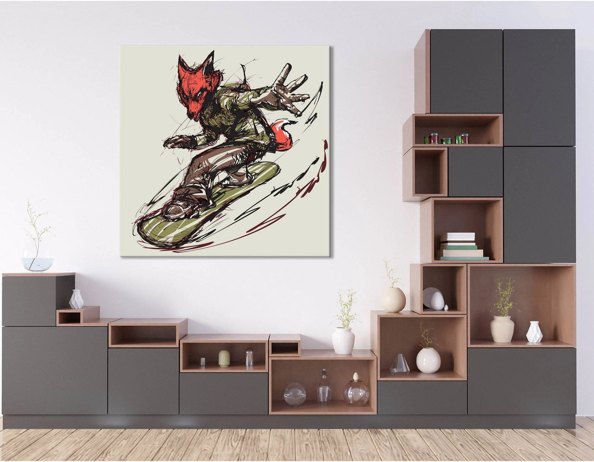Fox On The Snowboard, Winter Sport №04426 Ready To Hang Canvas Print - Zellart Canvas Prints ALL_Products