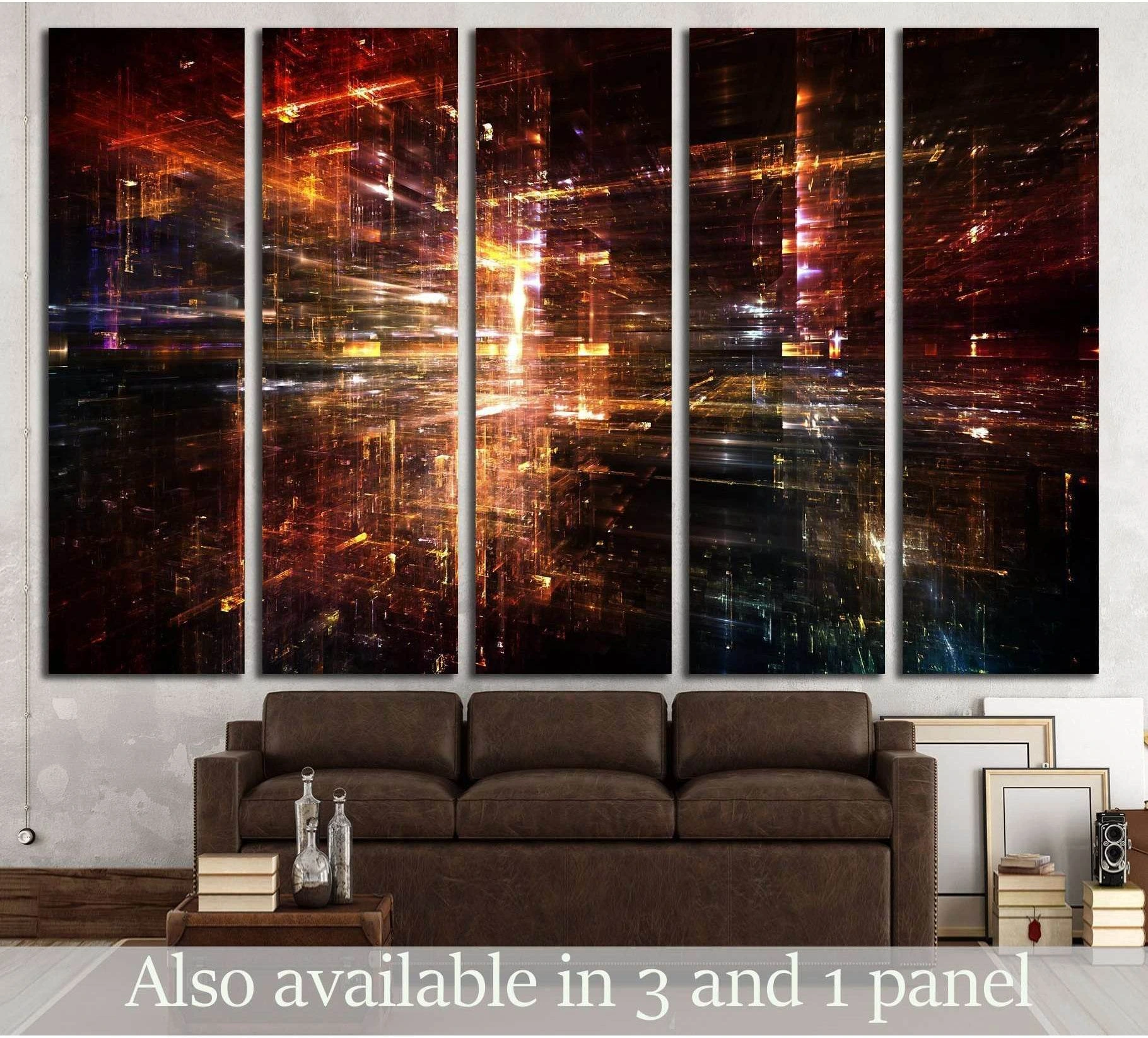 Five-panel fractal city canvas print with glowing gold and amber light trails above a brown sofa
