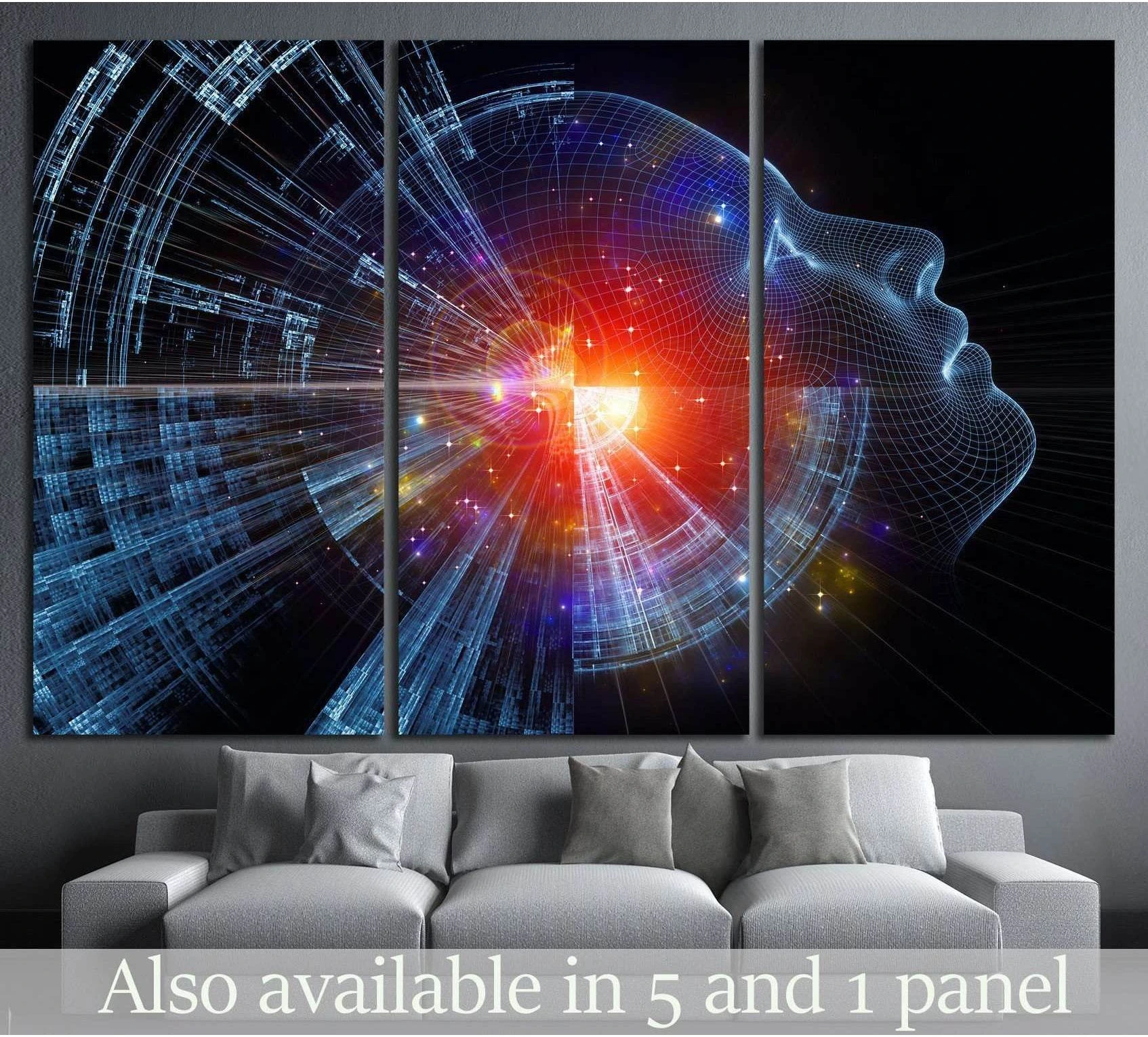 Wireframe head triptych canvas print with blue fractal lines and glowing orange tech burst above sofa