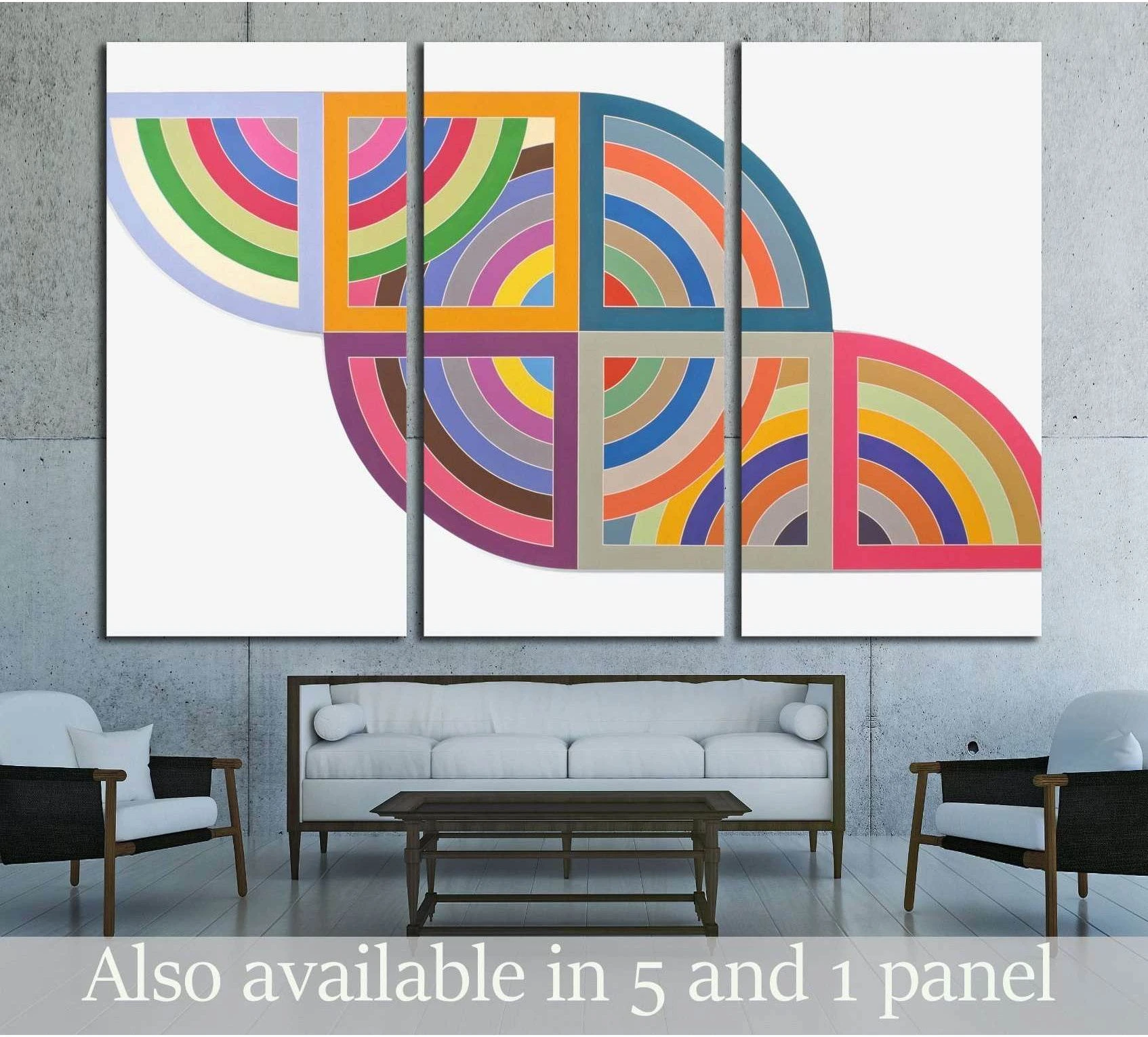 Triptych geometric rainbow canvas print hung above sofa in a mid-century modern living room