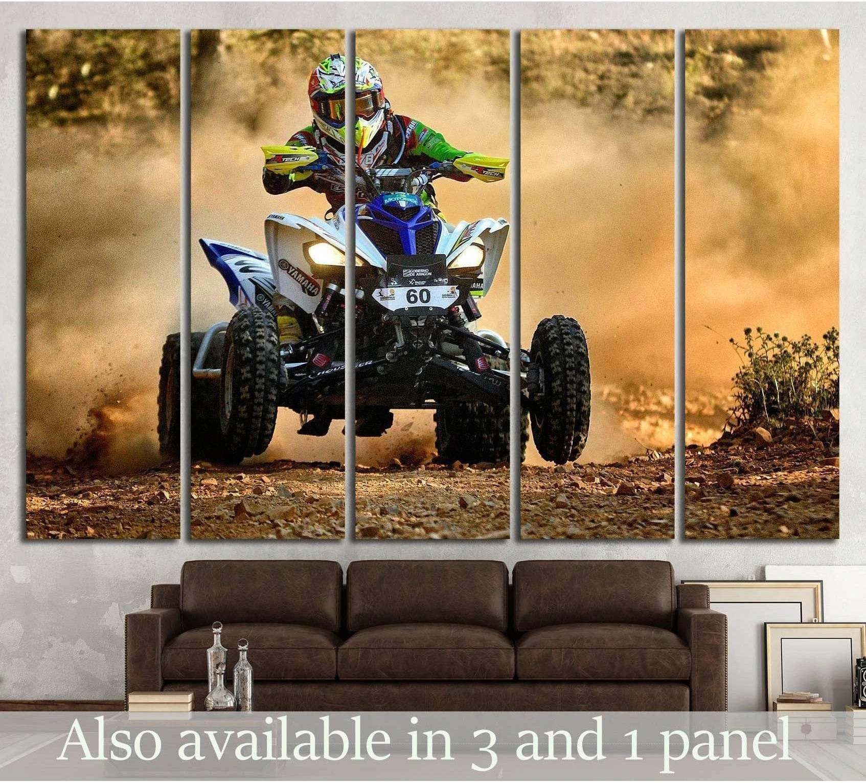 ATV racing canvas print with quad rider kicking up dust in a five-panel living room display