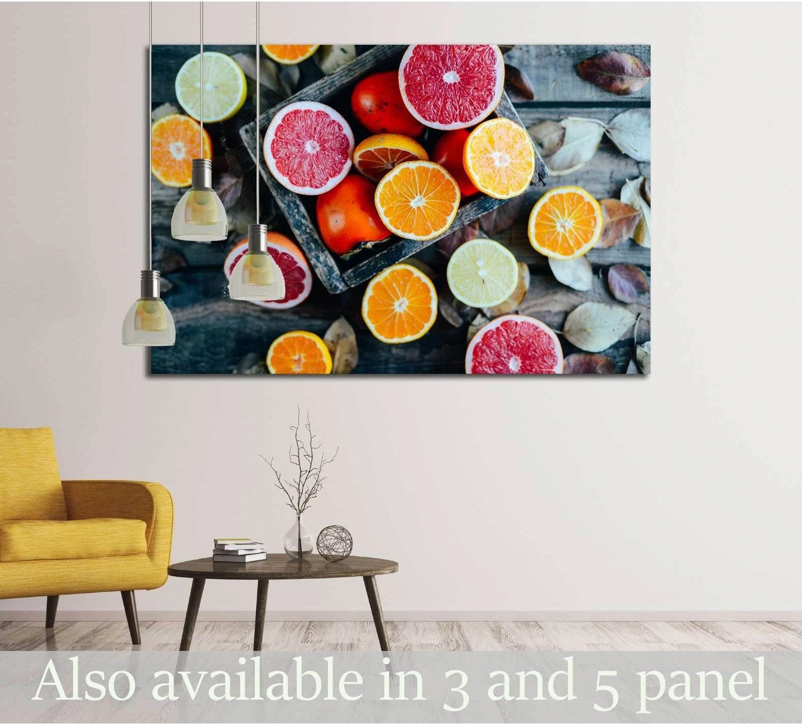 Fresh fruits canvas print with orange, grapefruit, and lime slices on a rustic dark background