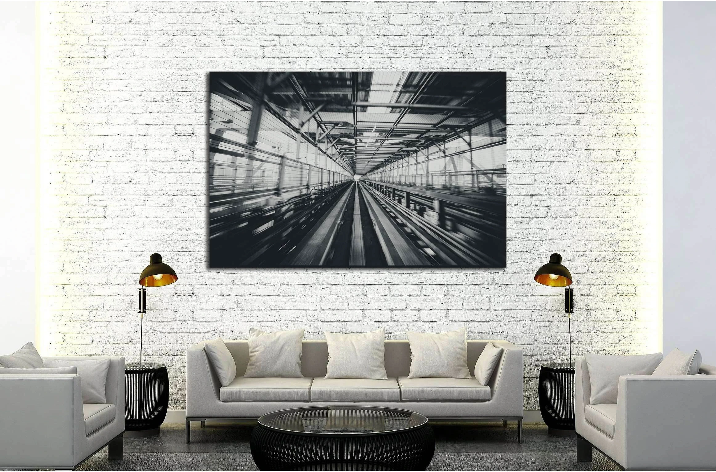 Front view of train moving in city rail tunnel with moderate motion blur in black and white filter №2874 Ready to Hang Canvas Print - Zellart Canvas Prints ALL_Products, s-2874