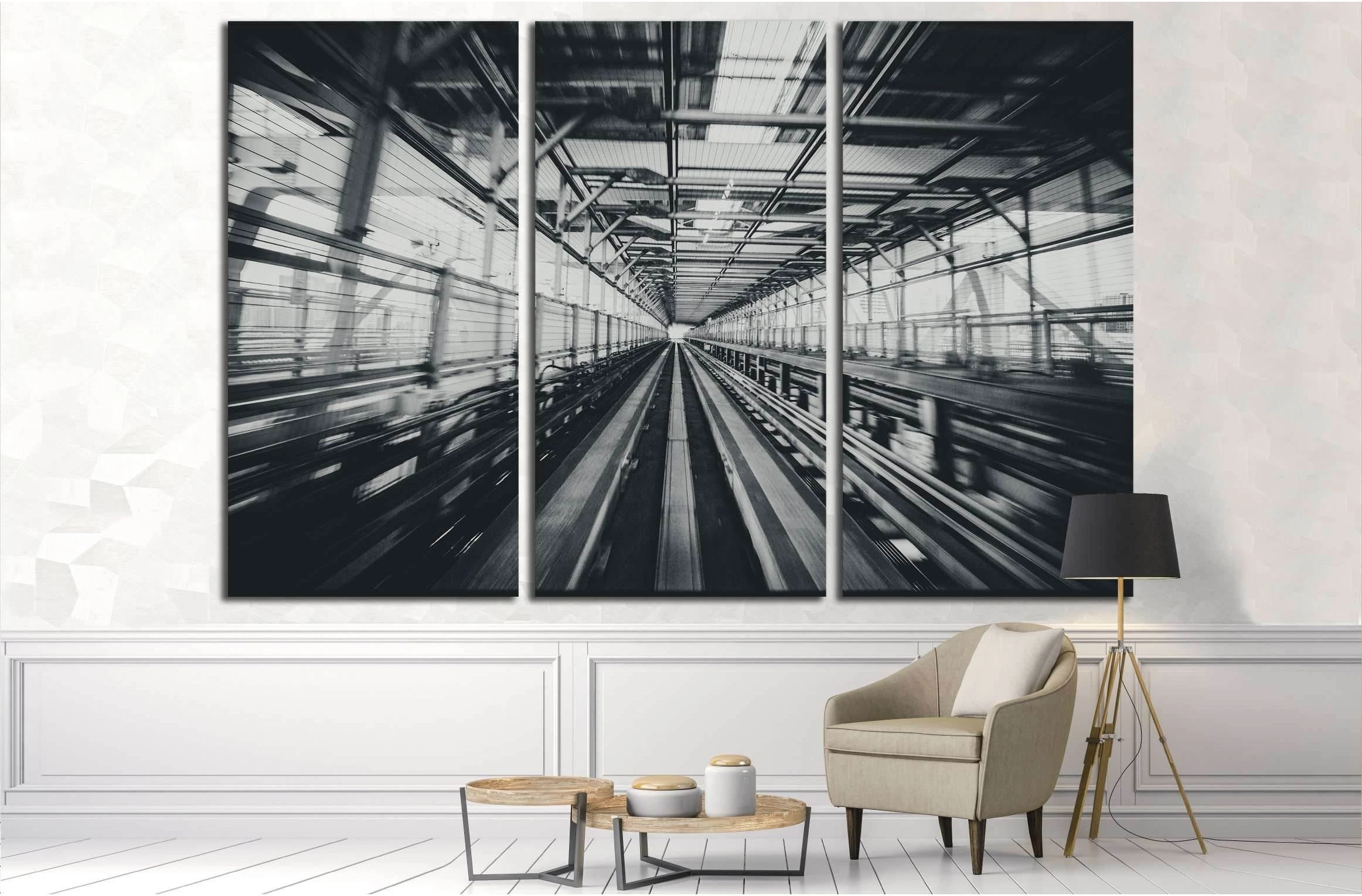 Front view of train moving in city rail tunnel with moderate motion blur in black and white filter №2874 Ready to Hang Canvas Print - Zellart Canvas Prints ALL_Products, s-2874