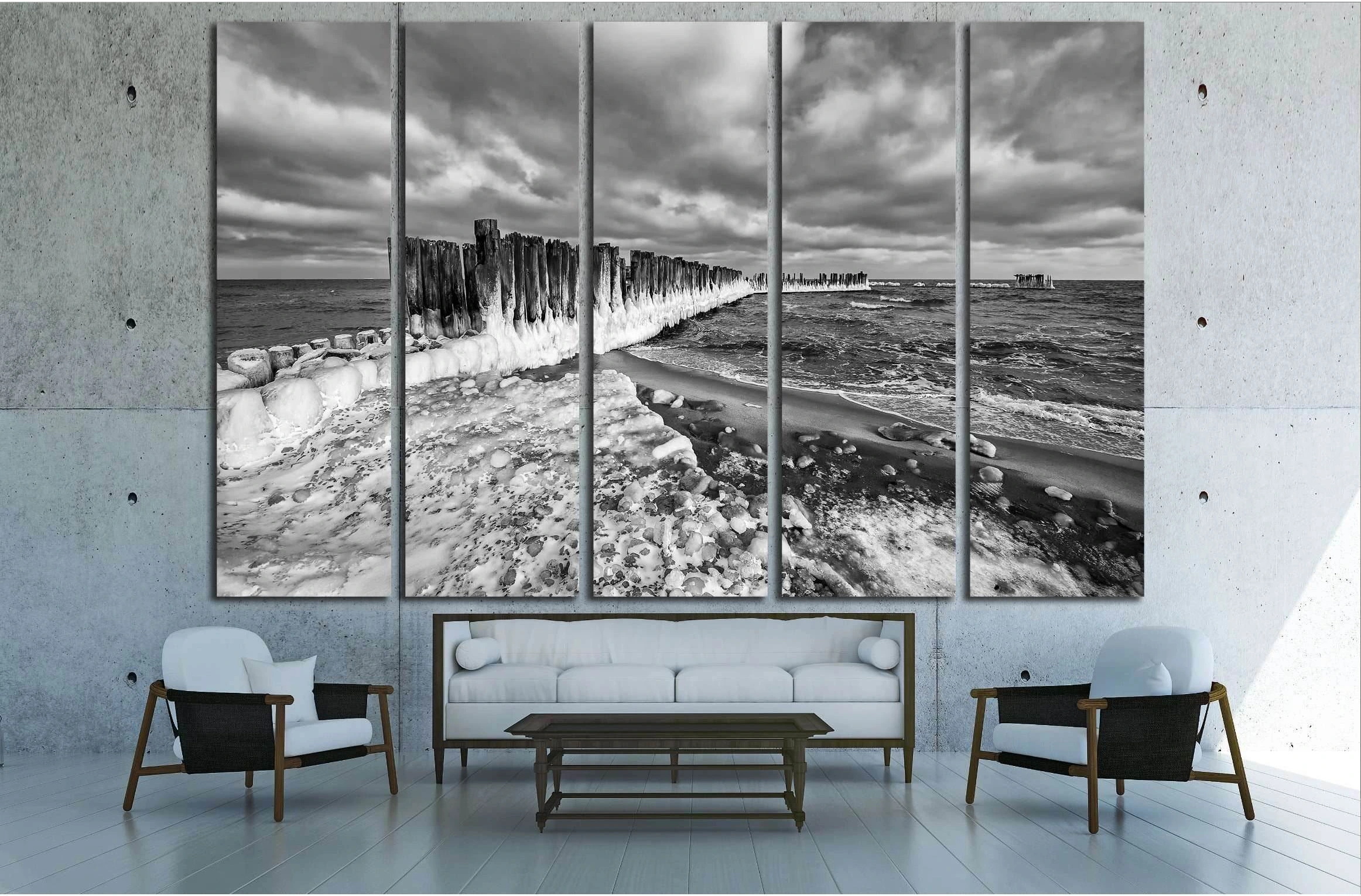 Frozen wooden breakwaters lineat Baltic Sea, Babie Doly, Poland №2903 Ready to Hang Canvas Print - Zellart Canvas Prints ALL_Products, s-2903