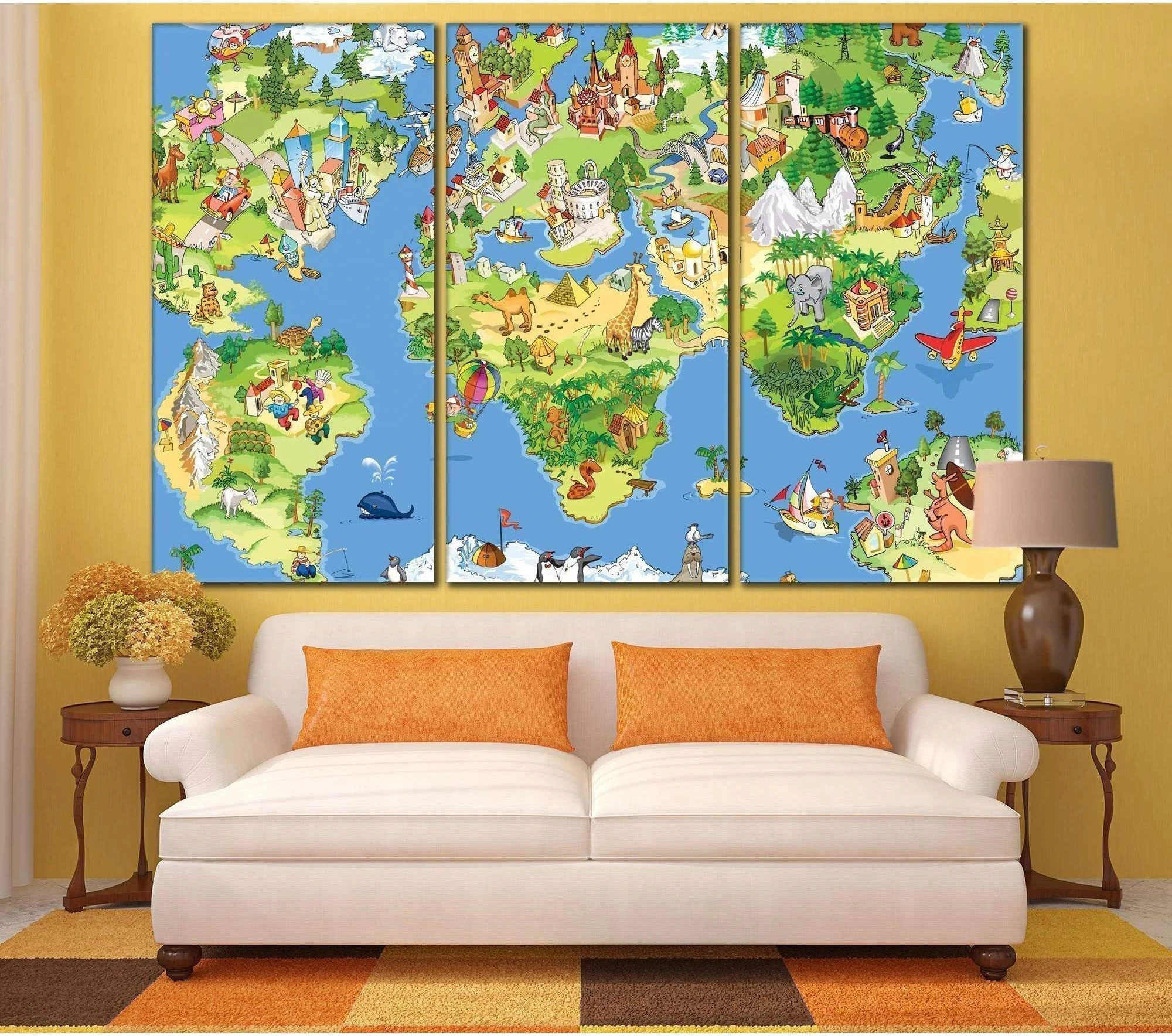 Funny cartoon world map for kids room №795 Ready to Hang Canvas Print - Zellart Canvas Prints ALL_Products, z-795