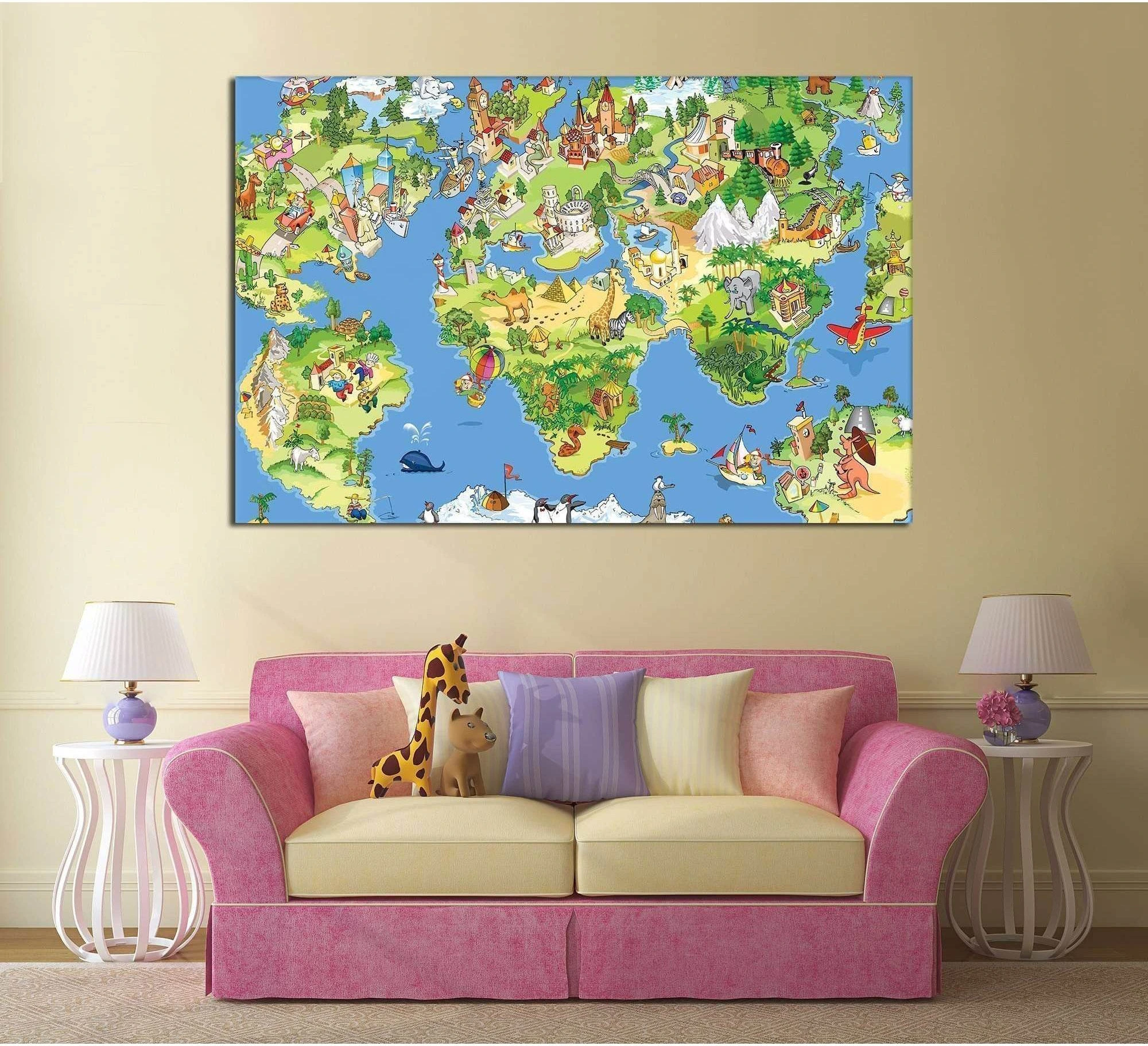 Funny cartoon world map for kids room №795 Ready to Hang Canvas Print - Zellart Canvas Prints ALL_Products, z-795