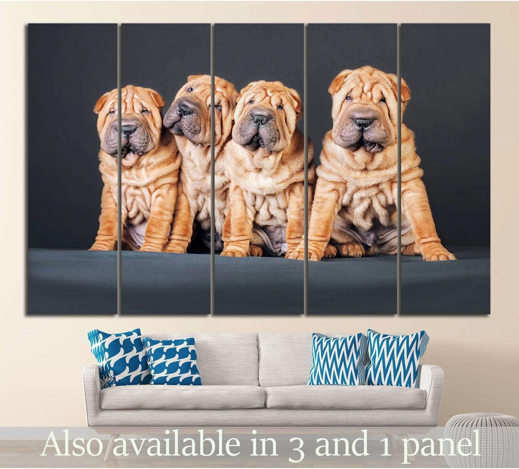 Four Shar Pei puppies canvas print on dark background displayed above sofa in modern living room