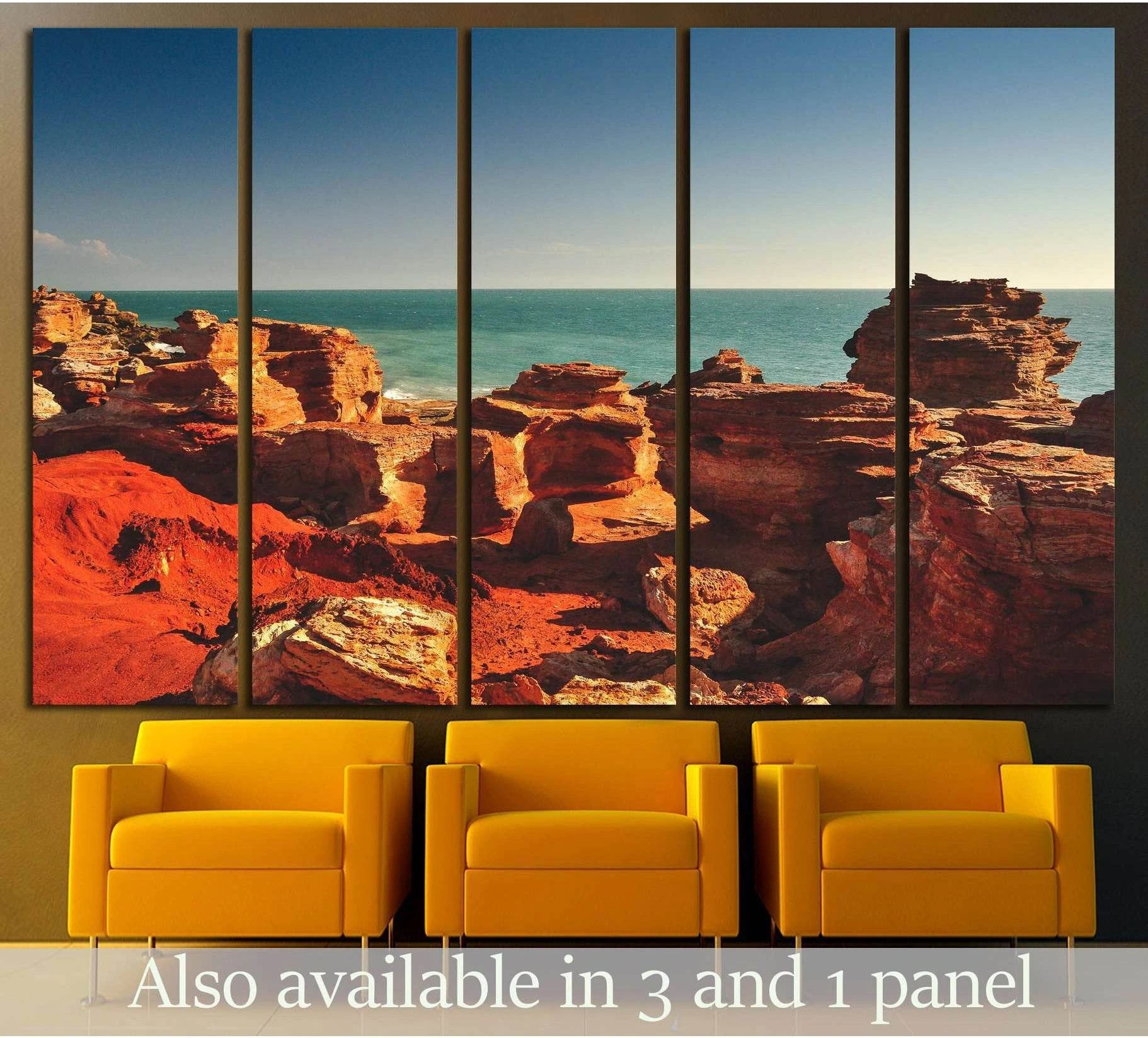 Gantheaume Point canvas print with red coastal rocks and blue sea above chairs in a modern room