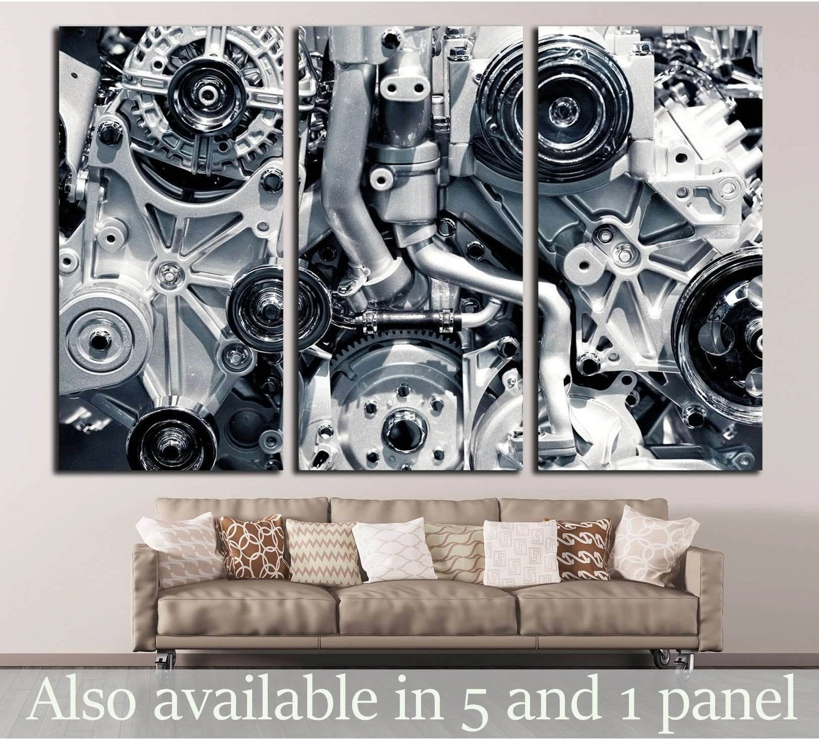 Triptych engine canvas print with silver pulleys and mechanical parts above a sofa