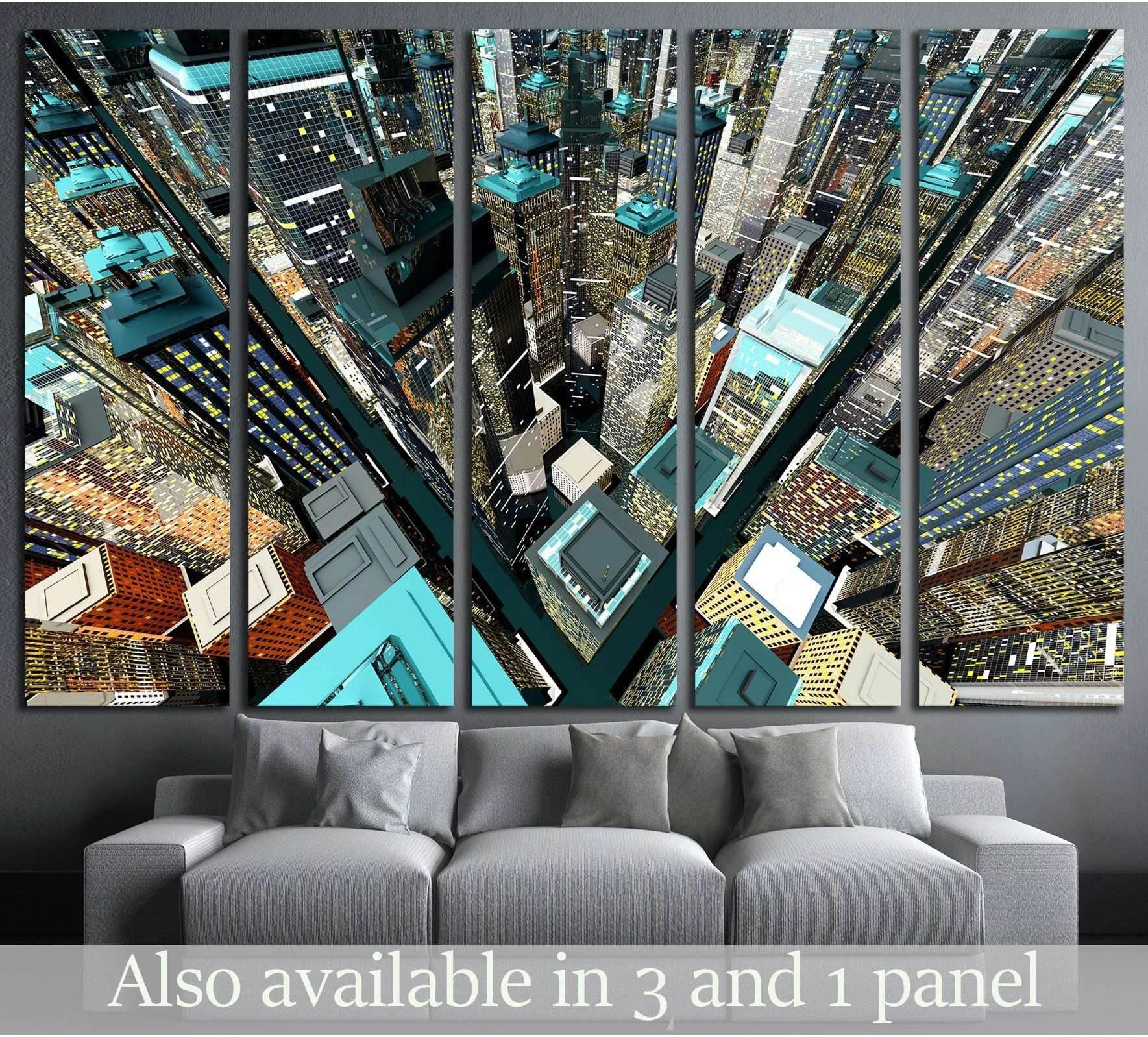 Aerial skyscraper cityscape canvas print in teal and gold tones above a sofa in a modern living room