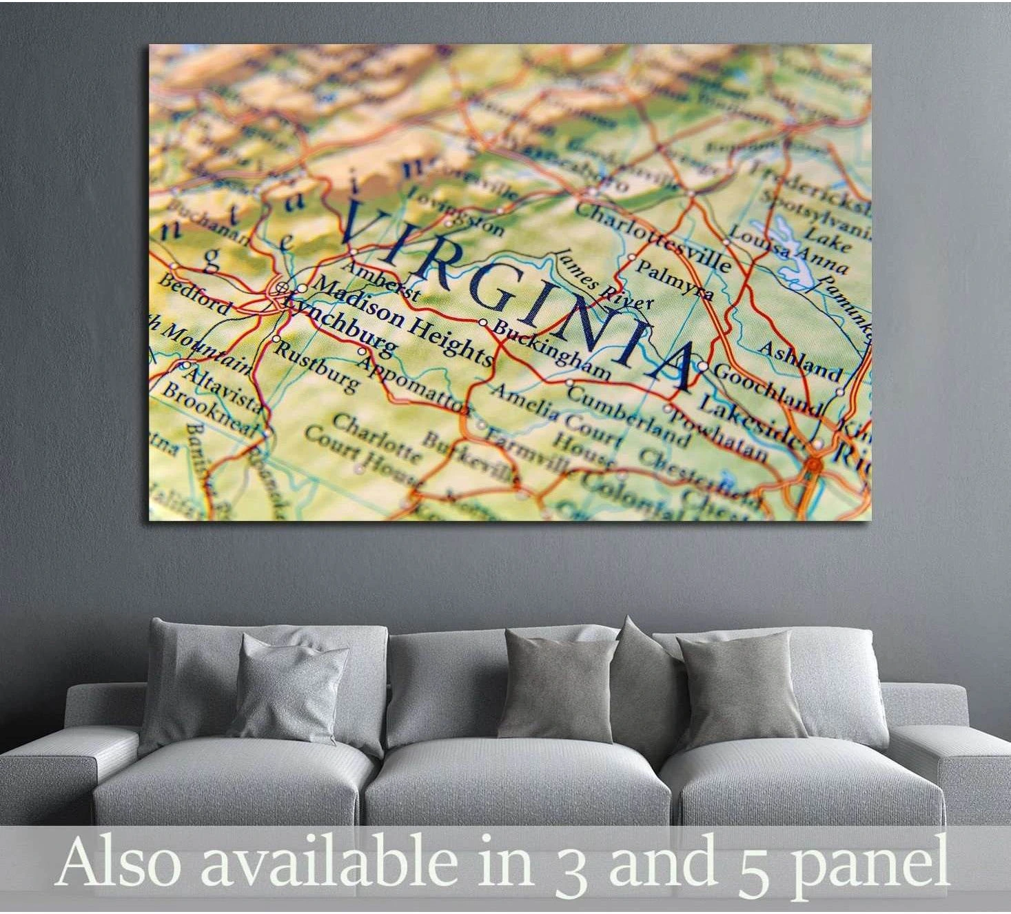 Close-up Virginia road map canvas print hung above a sofa in a modern living room
