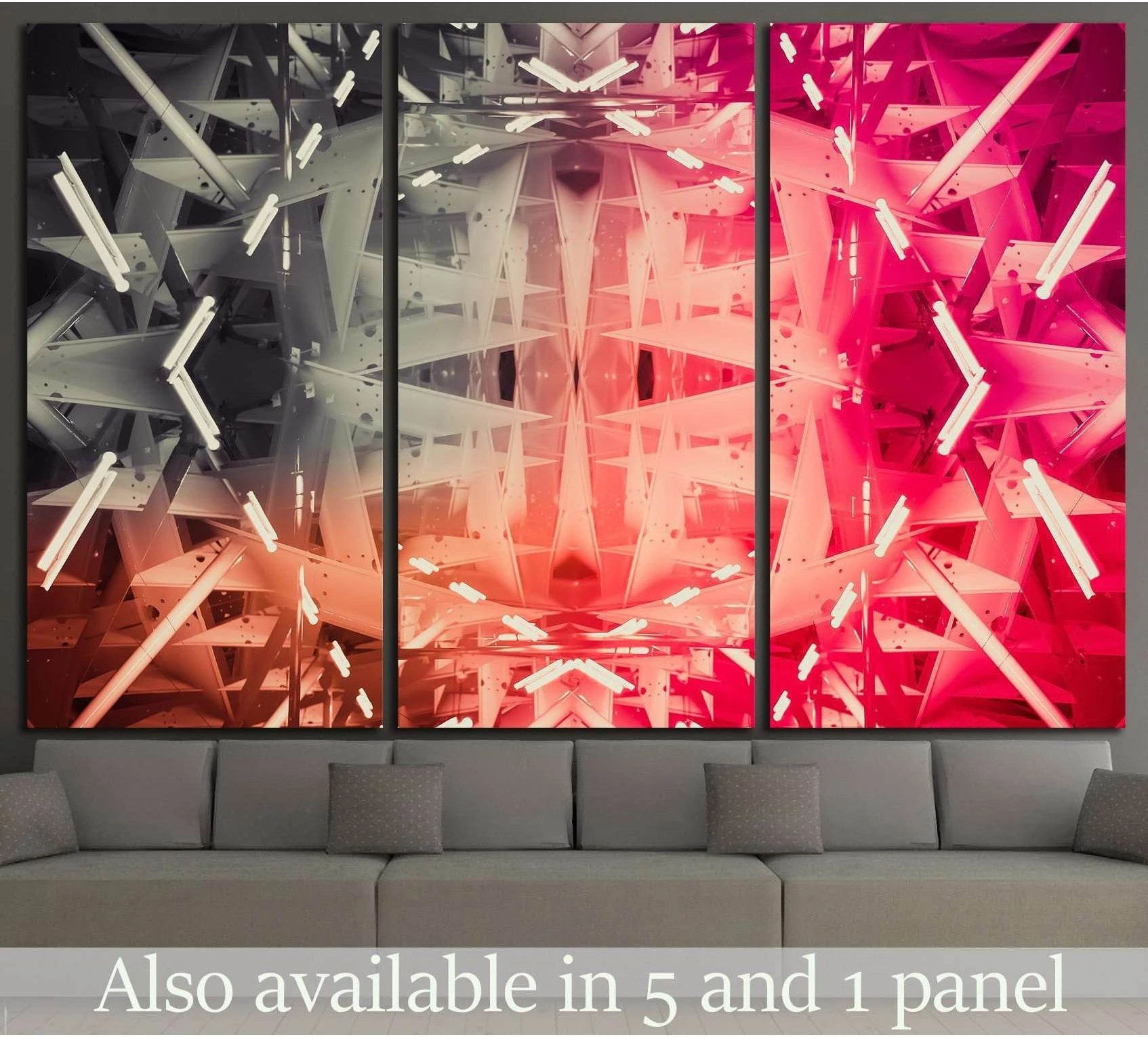 Triptych geometric abstract canvas print with pink, coral, gray, and glowing linear forms above a sofa