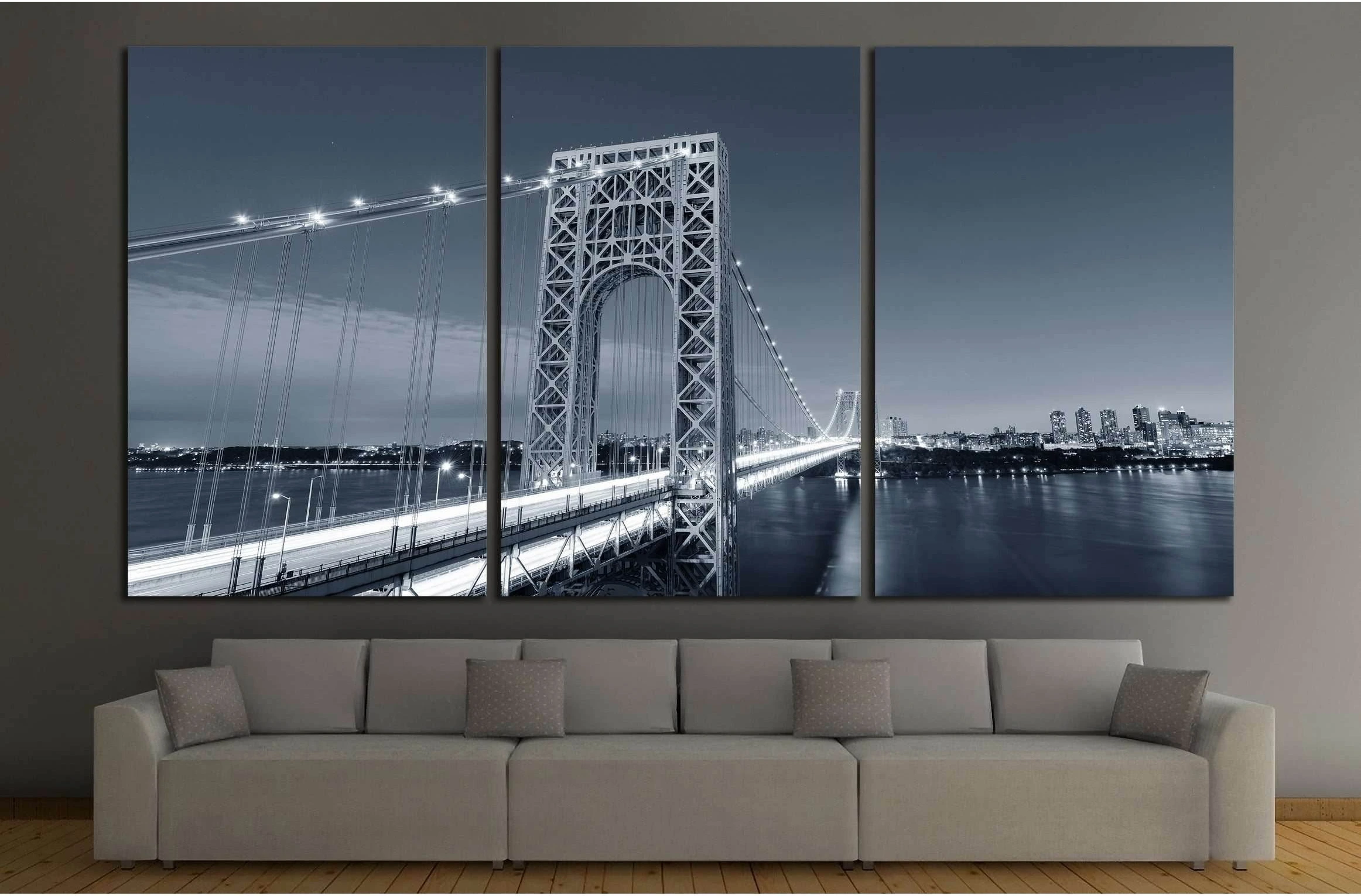 George Washington Bridge black and white over Hudson River №2604 Ready to Hang Canvas Print - Zellart Canvas Prints ALL_Products, s-2604