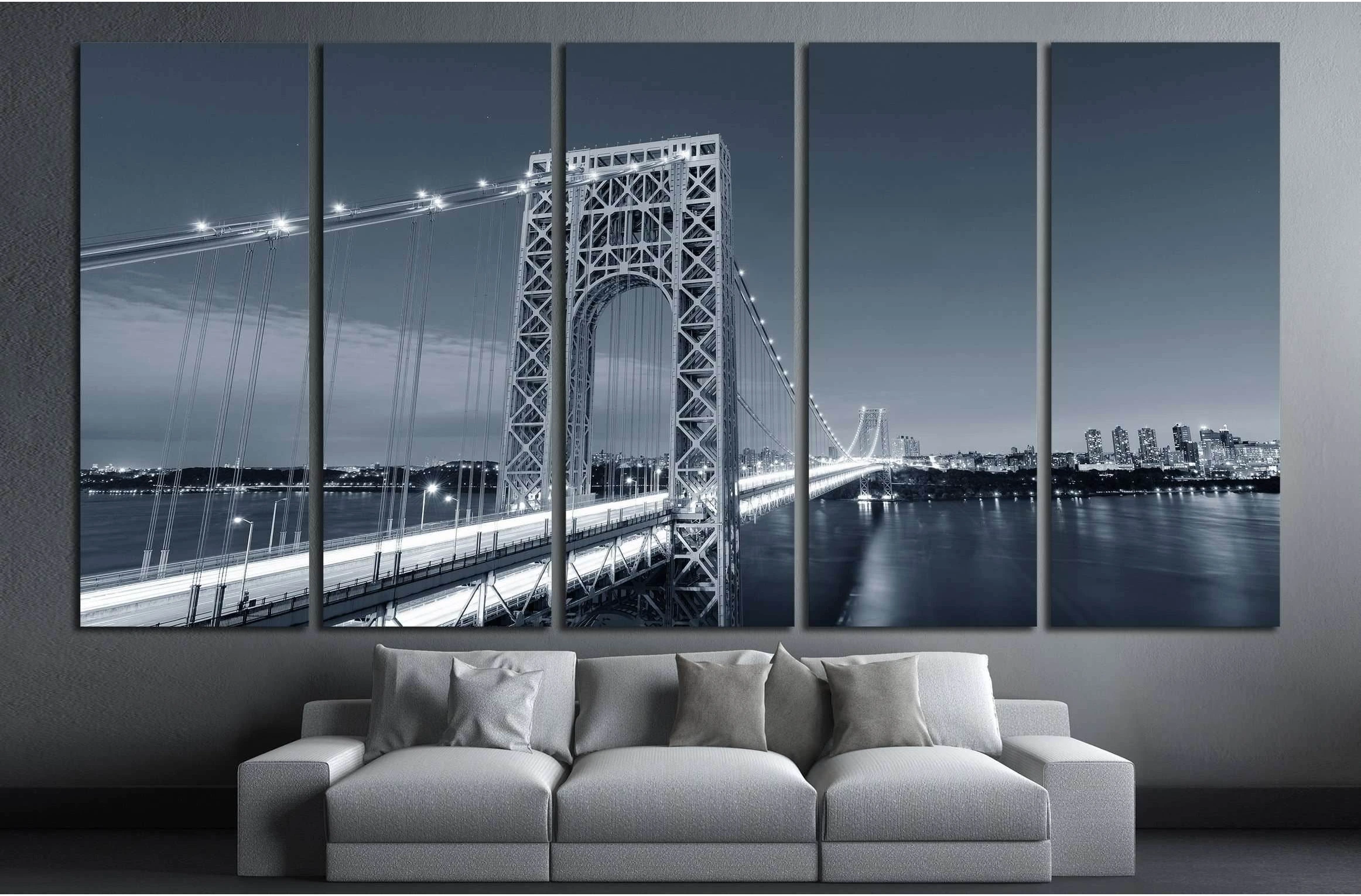 George Washington Bridge black and white over Hudson River №2604 Ready to Hang Canvas Print - Zellart Canvas Prints ALL_Products, s-2604