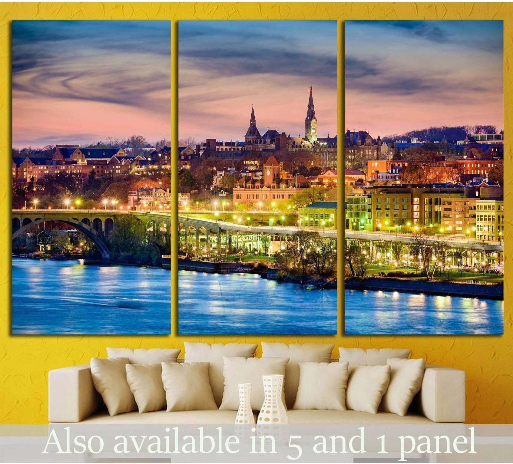 Georgetown DC skyline triptych canvas print above sofa with Potomac River, bridge, and sunset city lights