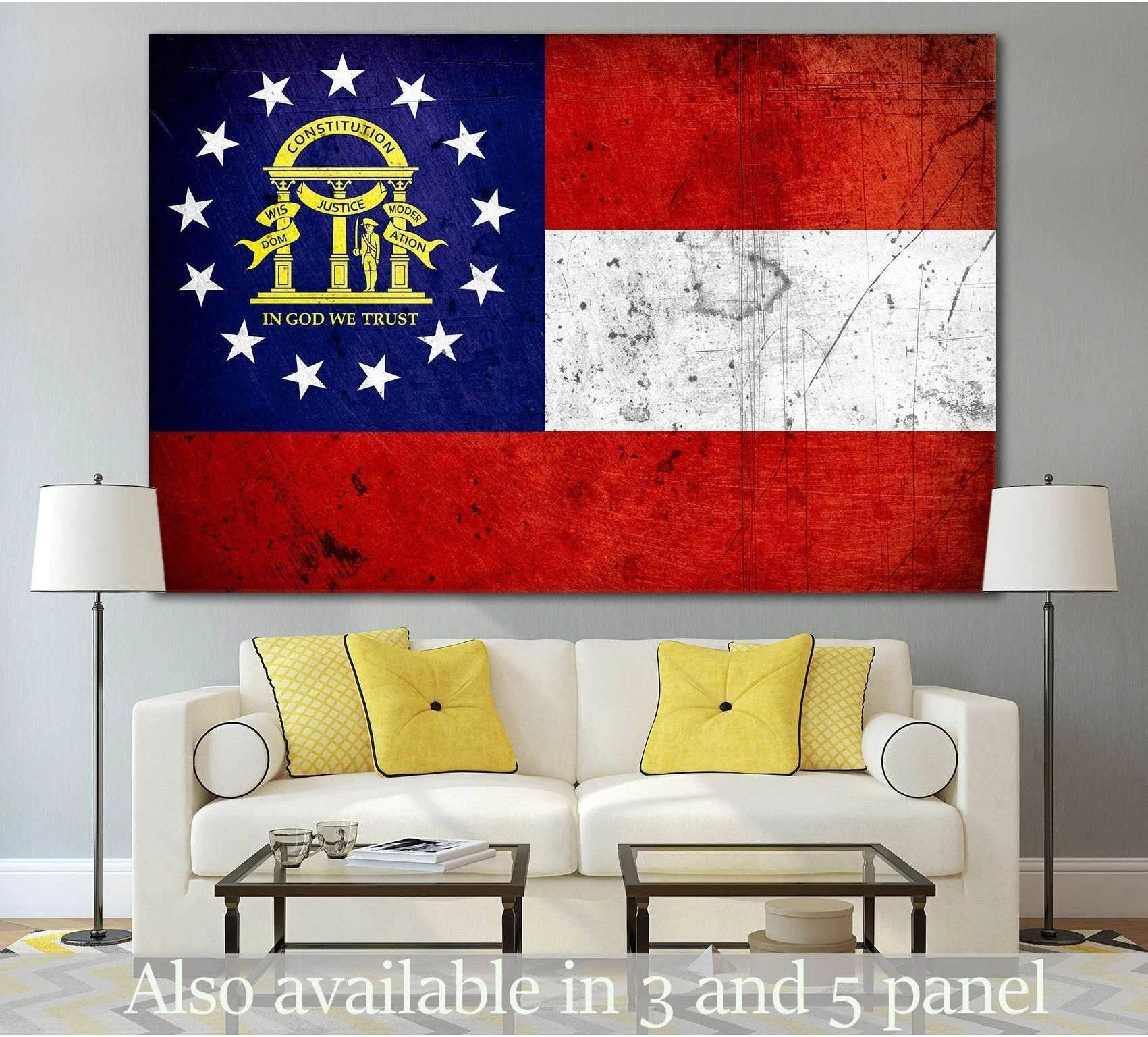 Georgia state flag canvas print with distressed grunge texture displayed above a sofa in a neutral living room