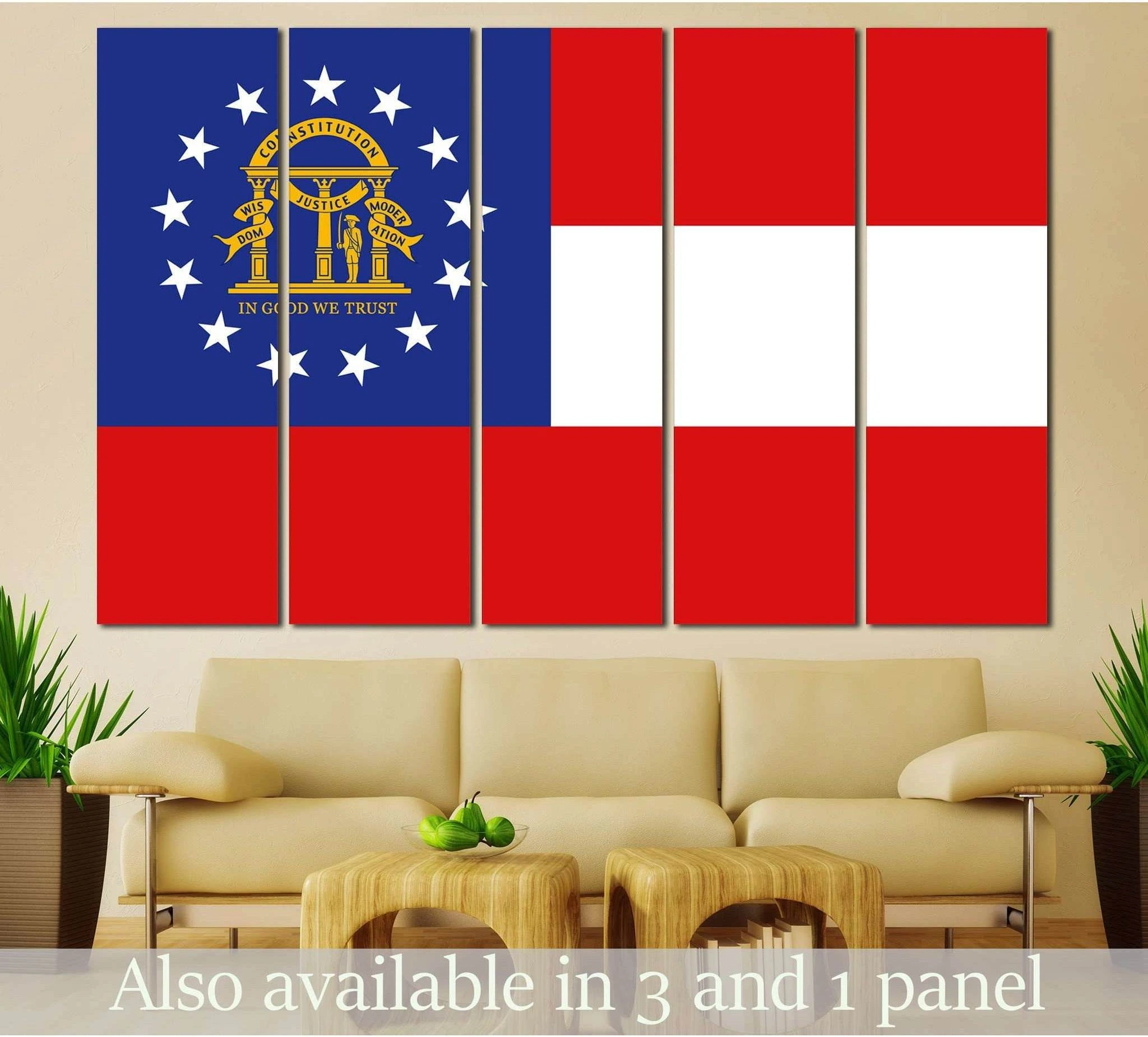 Georgia state flag canvas print displayed above sofa in a warm neutral living room