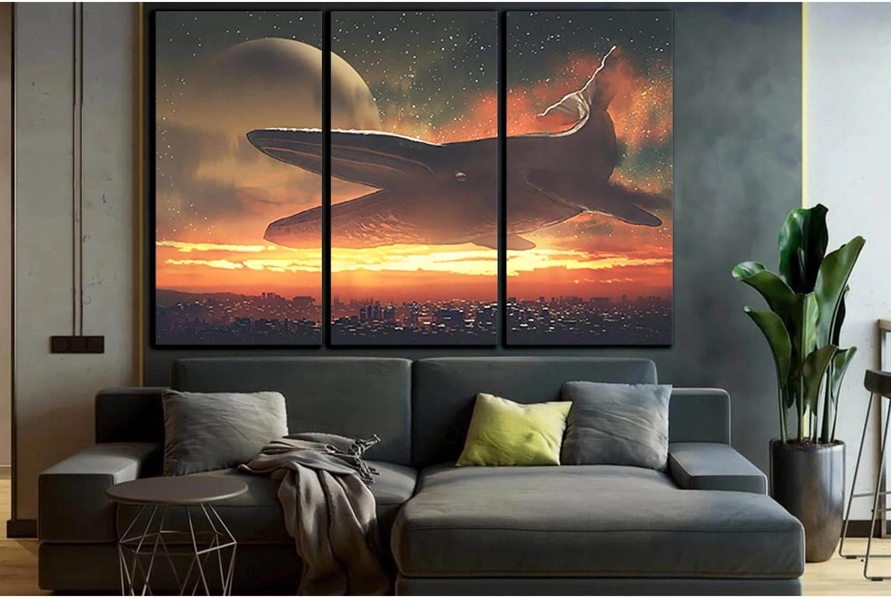 Giant Whale Flying Above City №SL1250 Ready to Hang Canvas Print - Zellart Canvas Prints 0new, ALL_Products, Fantasy And Sci Fi Wall Art, Whale