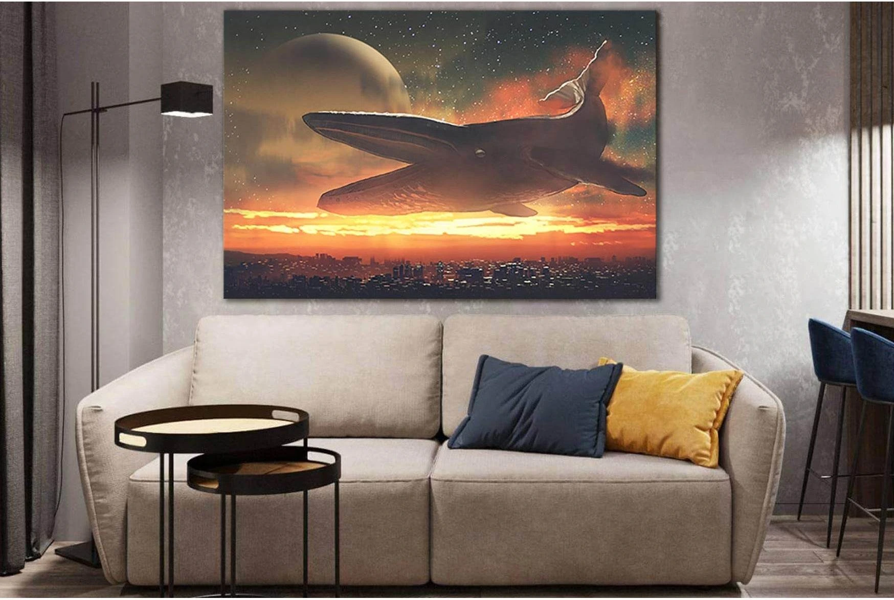 Giant Whale Flying Above City №SL1250 Ready to Hang Canvas Print - Zellart Canvas Prints 0new, ALL_Products, Fantasy And Sci Fi Wall Art, Whale