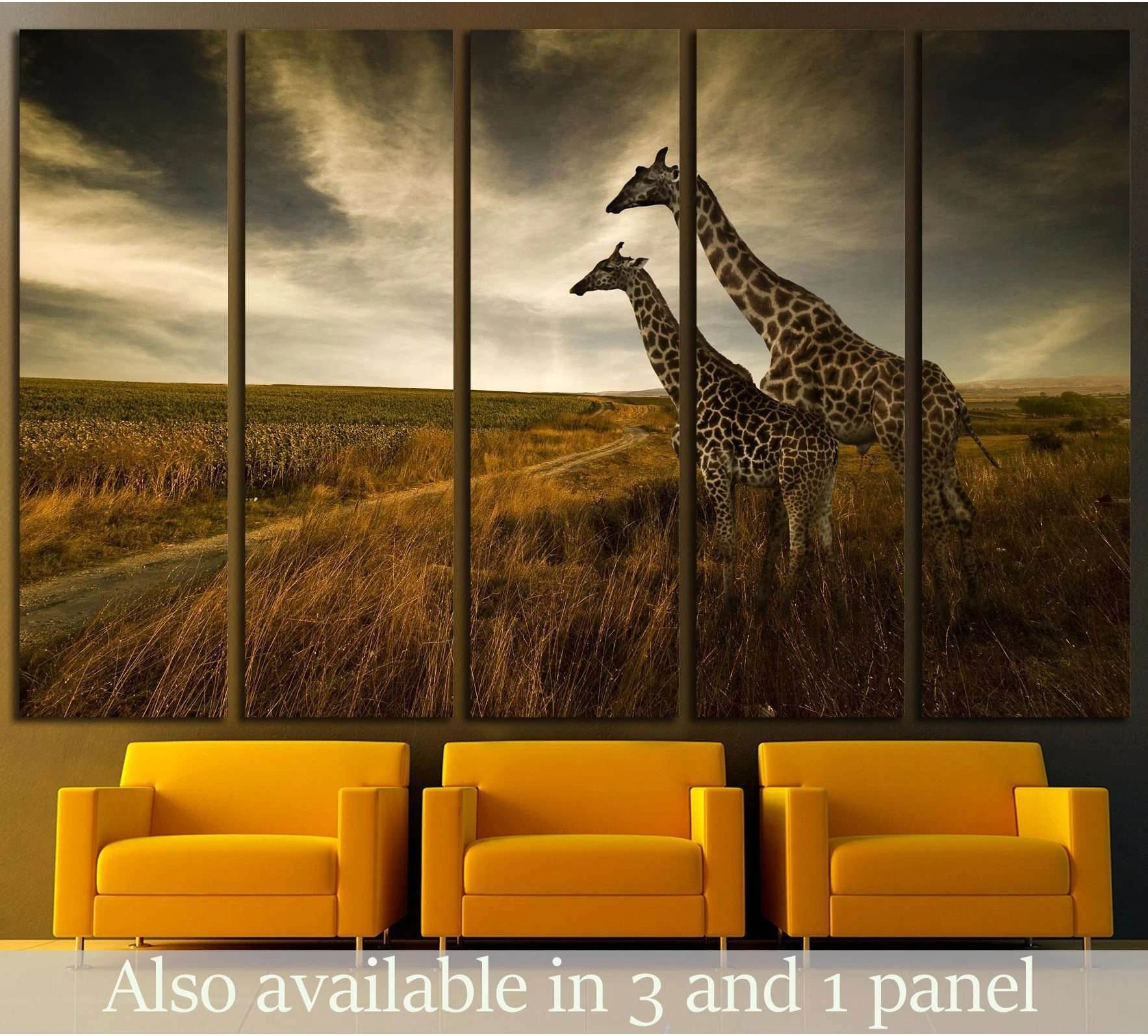 Two giraffes in a golden savanna under dramatic skies multi-panel canvas print