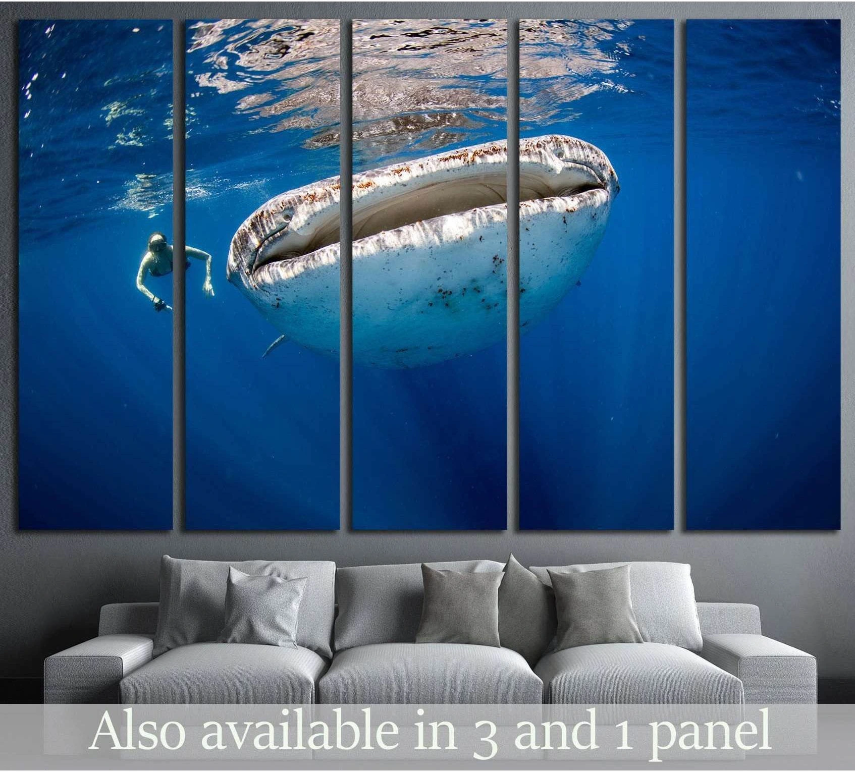Girl and Whale showing blue ocean wall art with water and coastal depth.