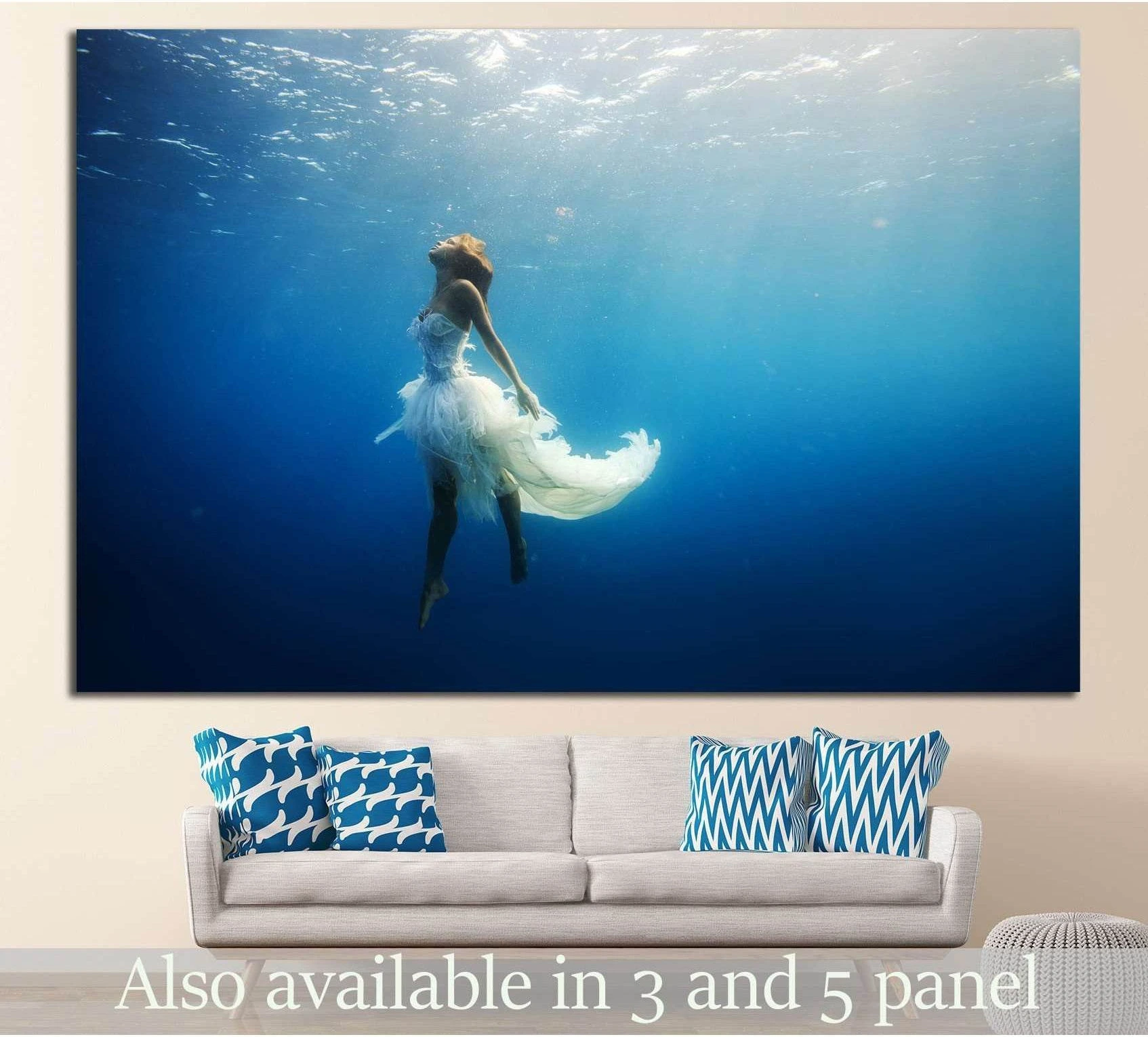 Girl Dancing Underwater showing blue ocean wall art with water and coastal depth.