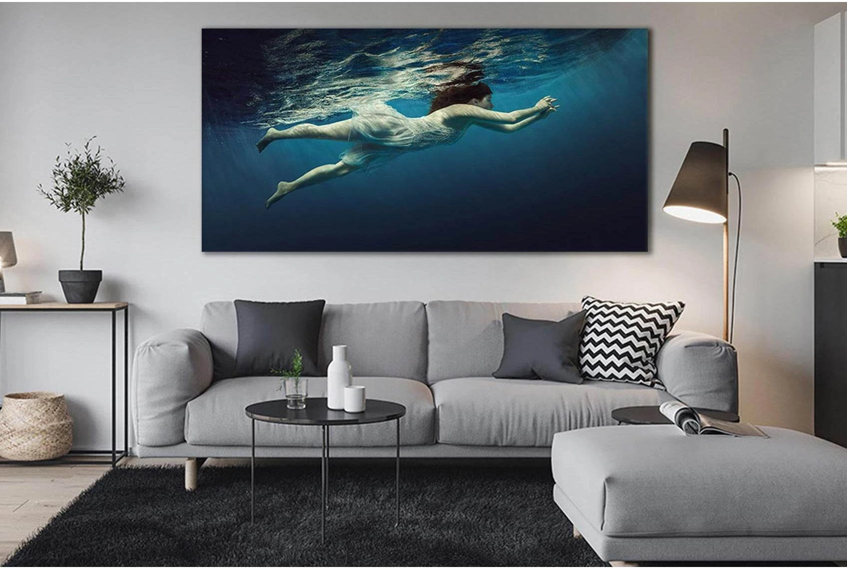 Underwater Swimming Girl Teal & Navy Canvas Print showing blue ocean wall art with water and coastal depth.